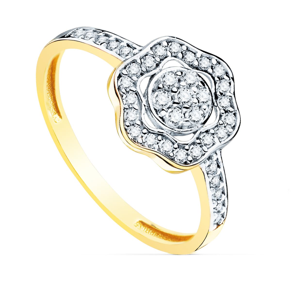 Anel em ouro bicolor 18K flor e zircônias 11 mm Largura do anel 2 mm