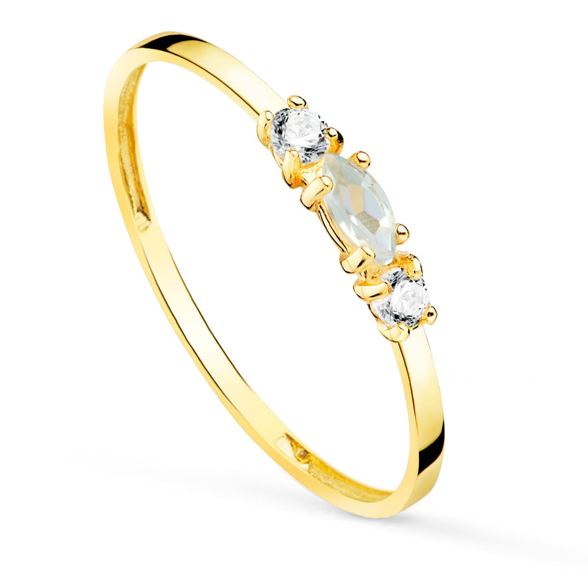 18K Gul Guld Ring Akvamarin 4X2 mm og Zirconia. Bredde 1 mm