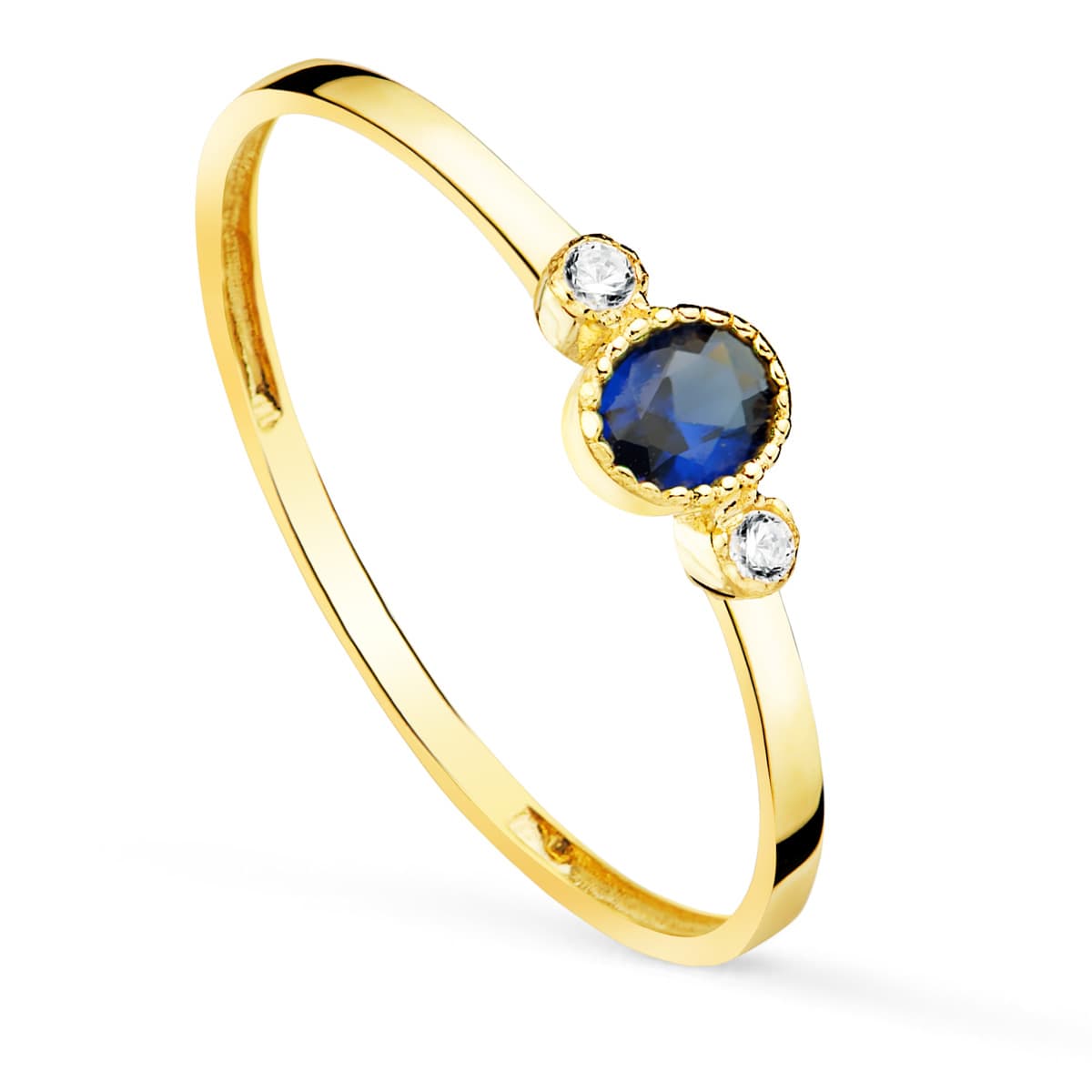 Anello in oro giallo 18 carati con pietra preziosa blu e zirconi 4X3 mm, larghezza 1,2 mm