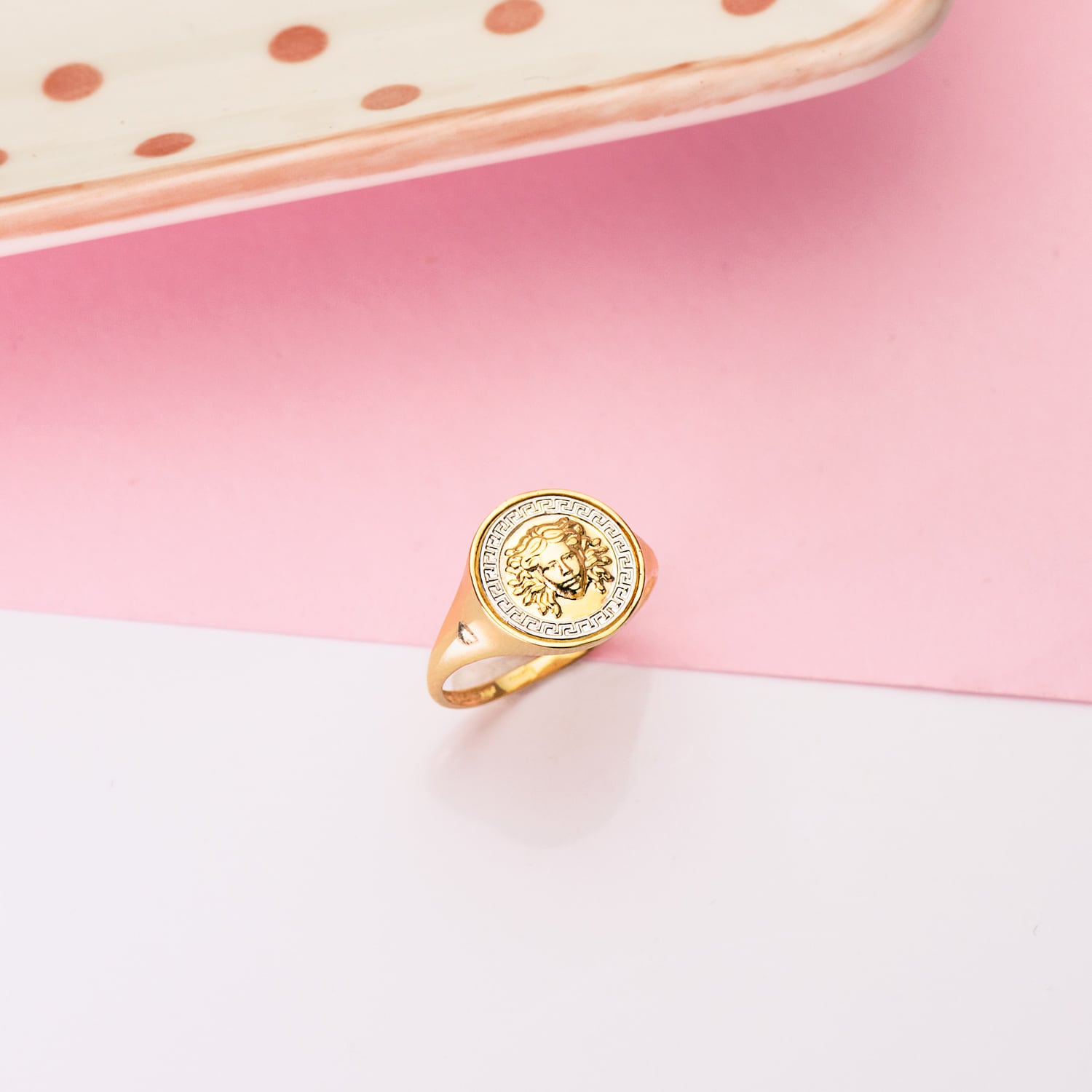 Anel Medusa e Grego em Ouro Bicolor 18K 12 mm