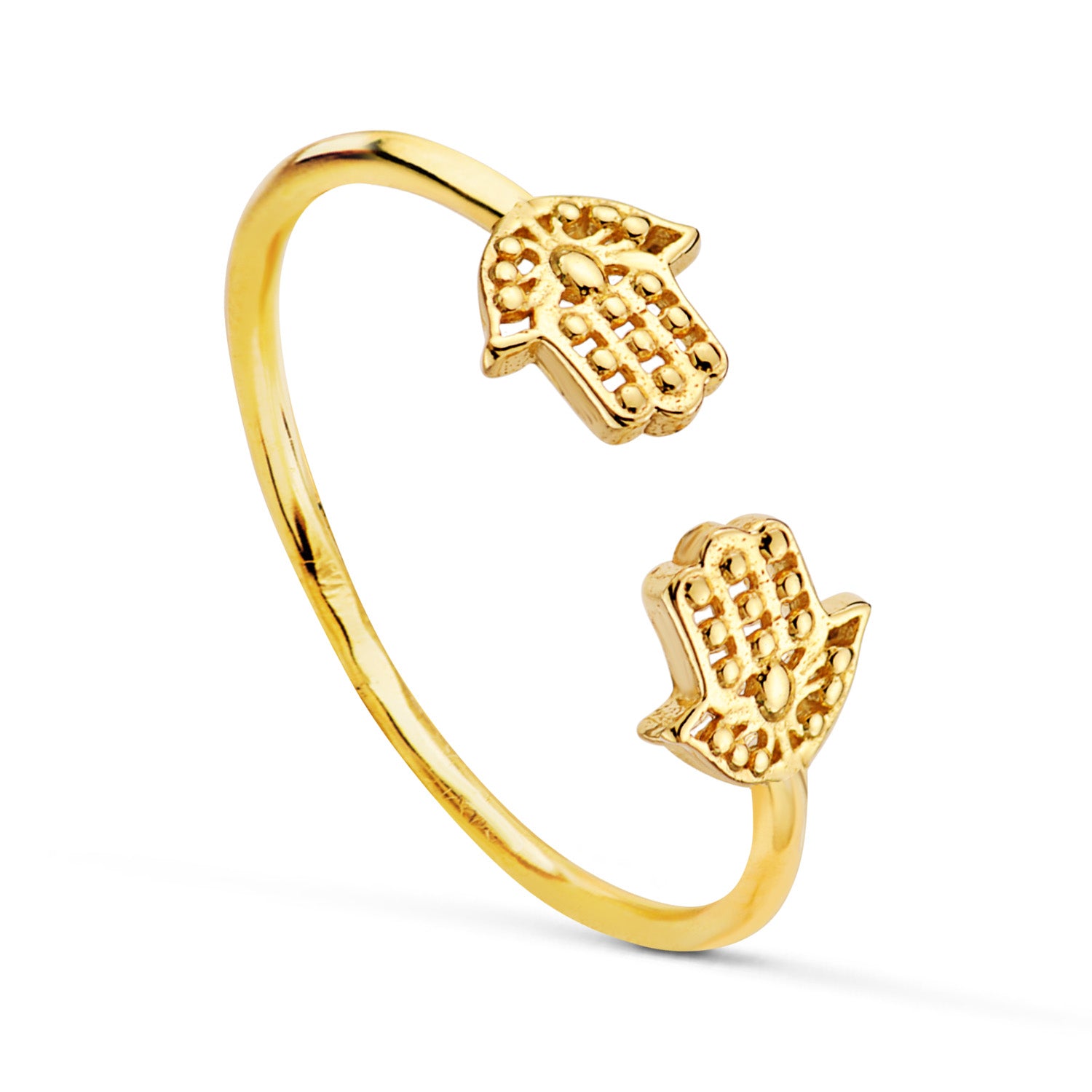 18K Bague en Or Jaune Ouverte avec Mains de Fatma. Largeur Anneau 1,2 mm
