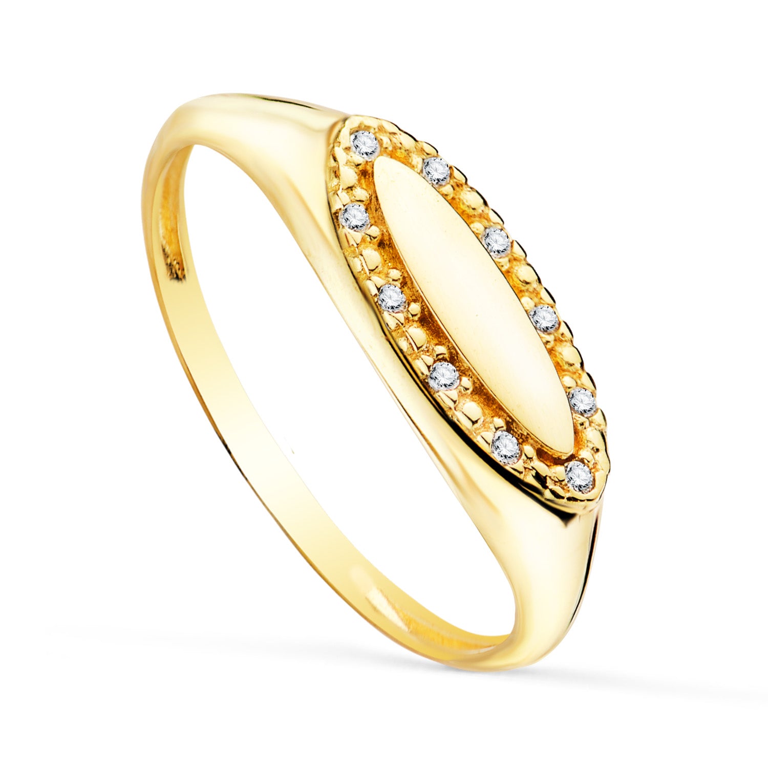 Anel de sinete de cabeça oval em ouro amarelo 18K com zircões 14 x 6 mm