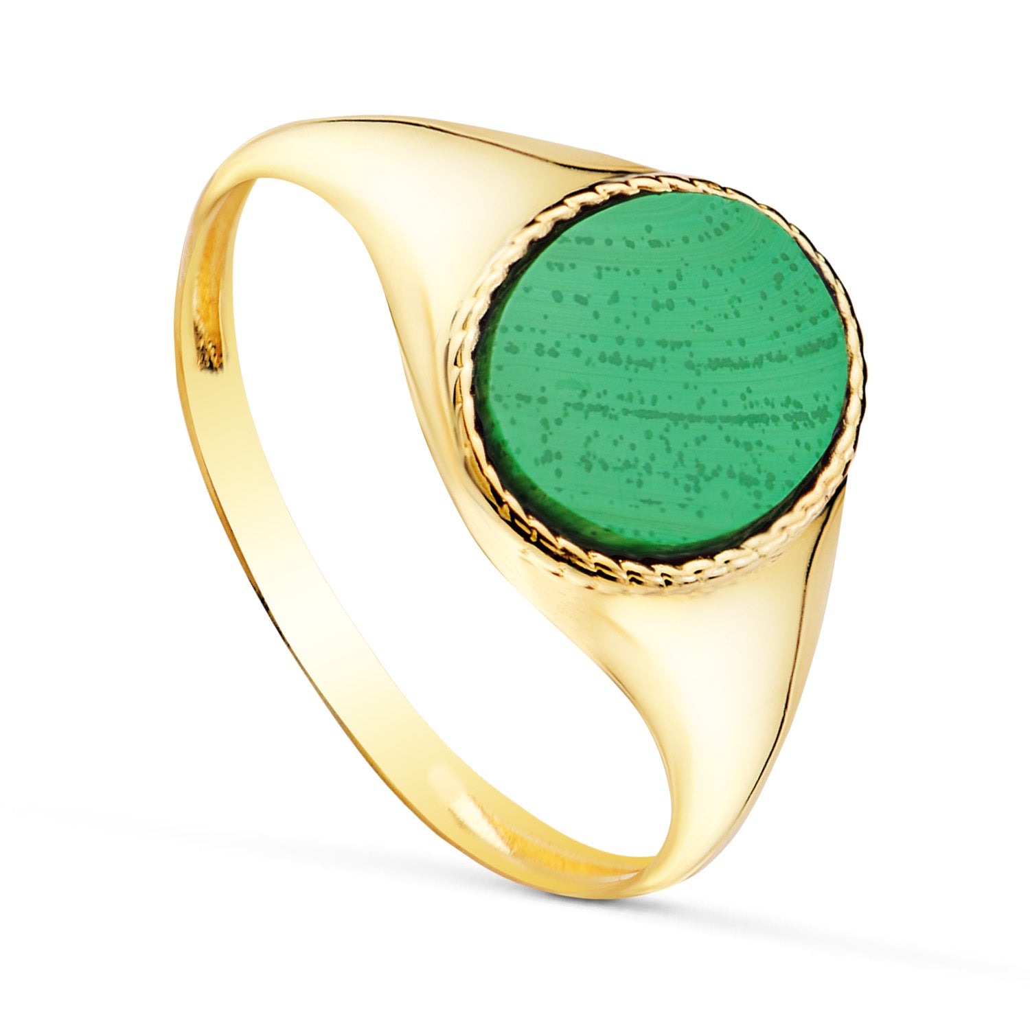 18K Chevalière en Or Jaune avec Pierre Ovale Malaquite 10 X 8 mm