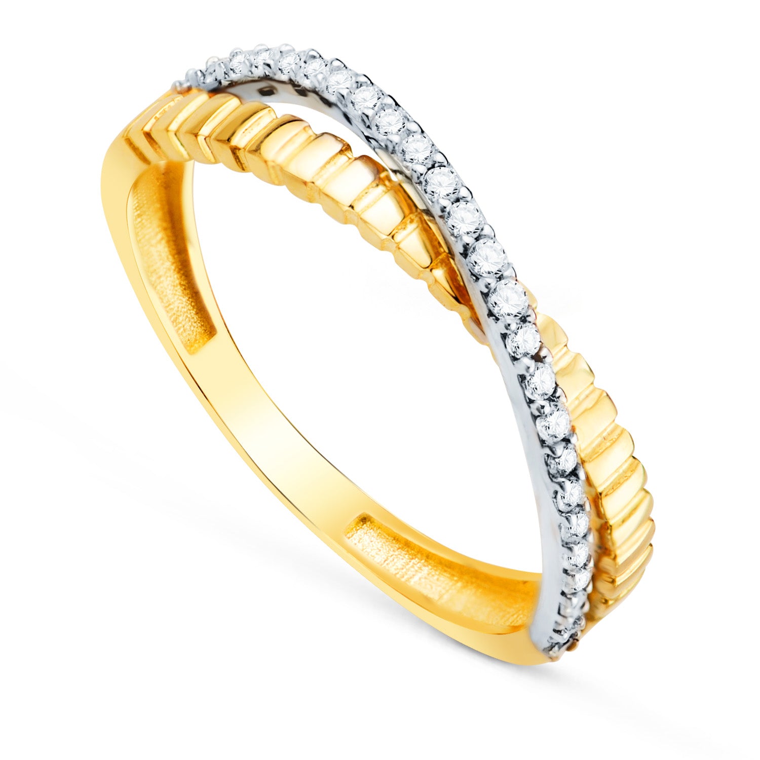 Bague Extensible en Or Bicolore 18K avec Zircone Largeur: 3MM