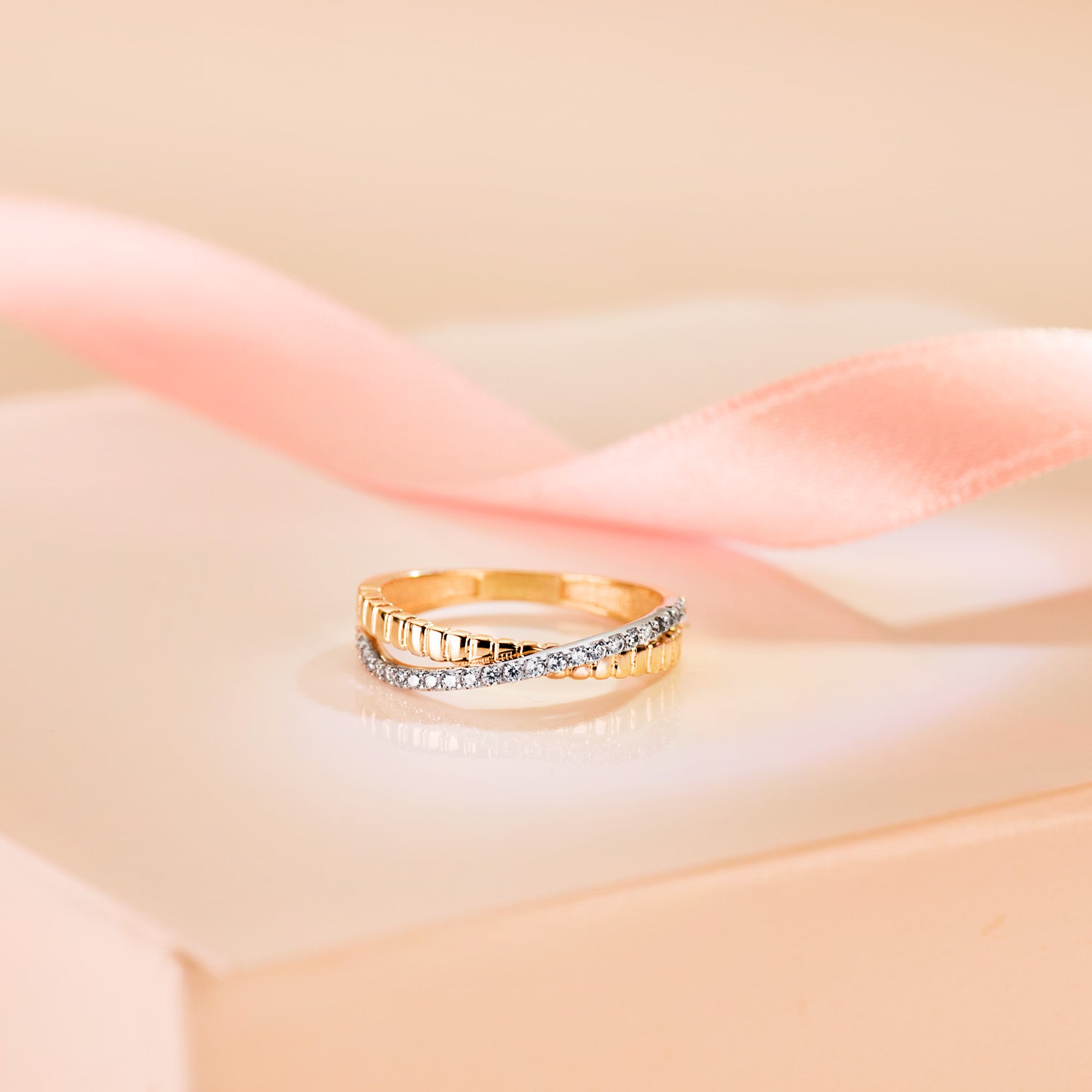 Bague Extensible en Or Bicolore 18K avec Zircone Largeur: 3MM
