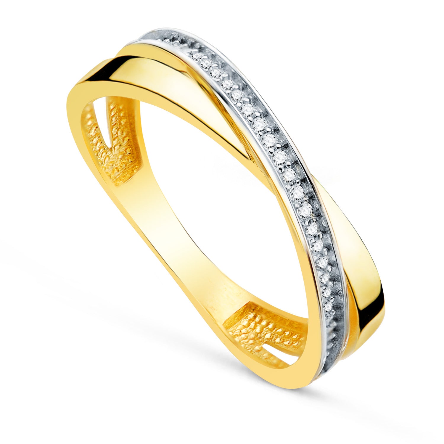 Bague en Or Bicolore 18K avec Bande Croix avec Zircone Largeur: 4MM