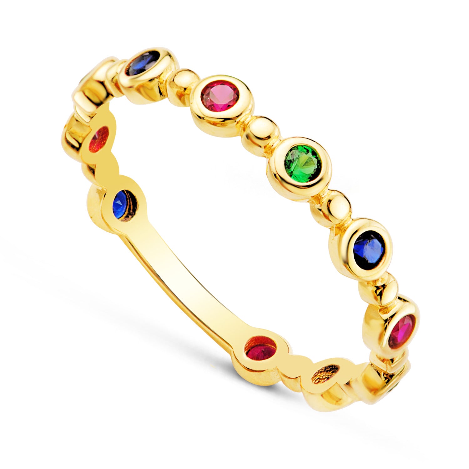 Anel em ouro amarelo 18K com círculos com zircônia colorida Largura: 3MM