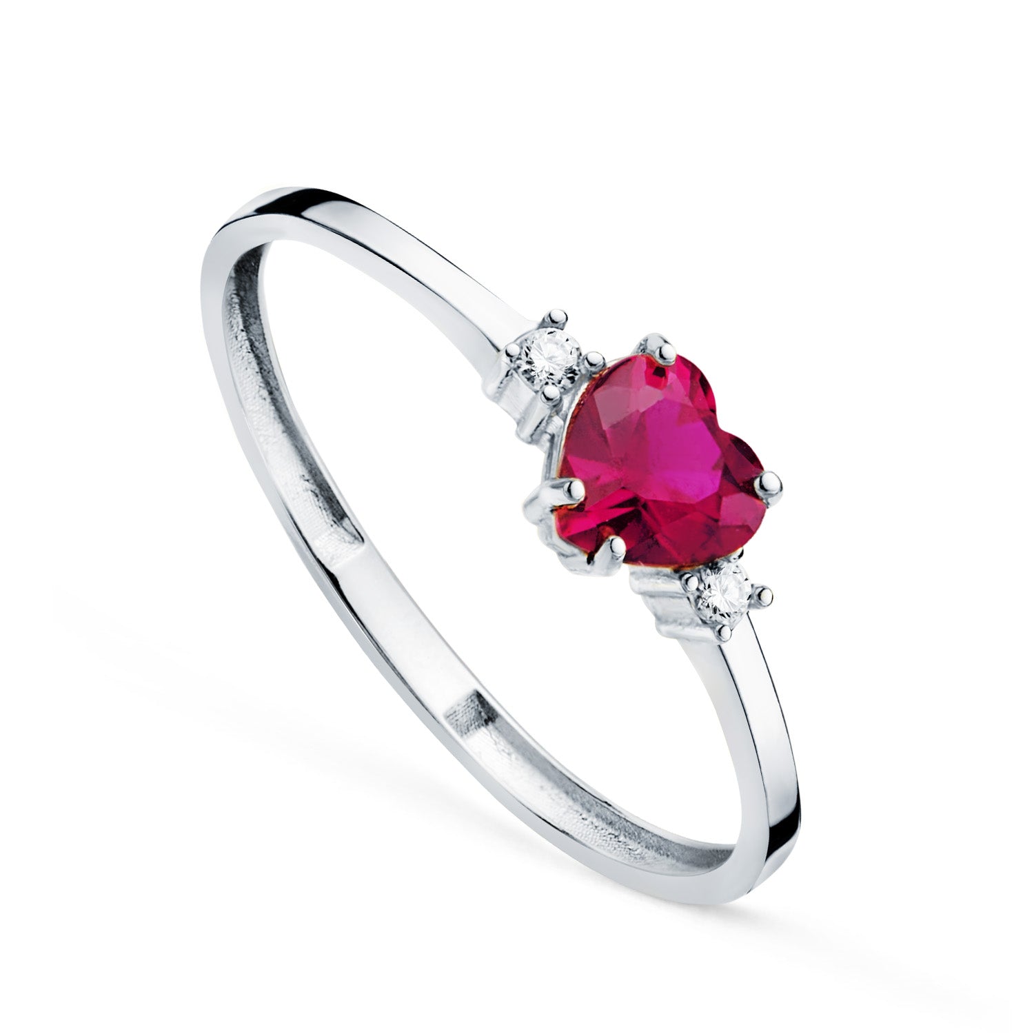 Reconstructed Ruby Corundum Heart Ring 18K White Gold 5X5 mm with Zirconia