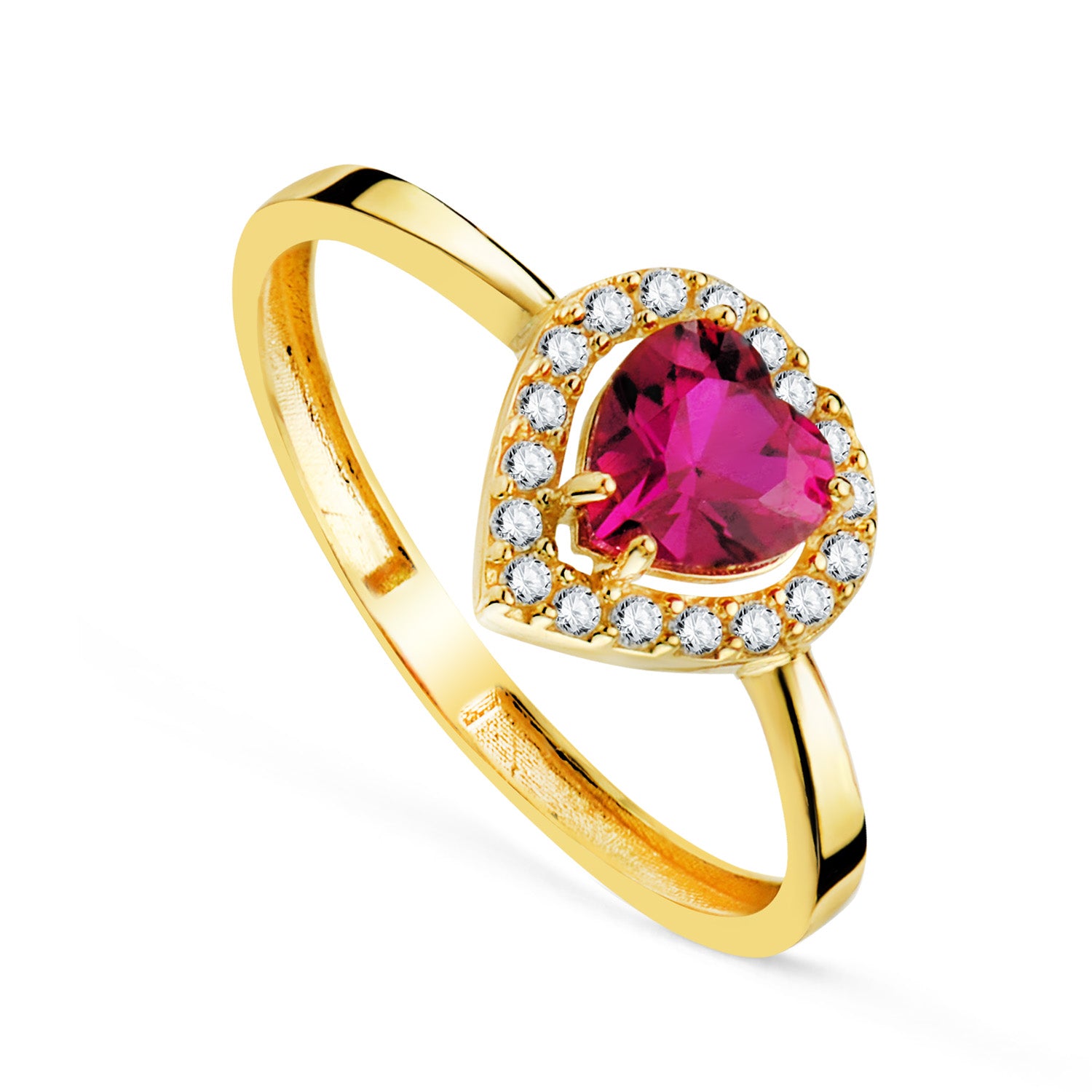 18K Yellow Gold Ring Ruby Corundum Heart Reconstructed 5X5 mm with Zircon Width: 8X8 mm