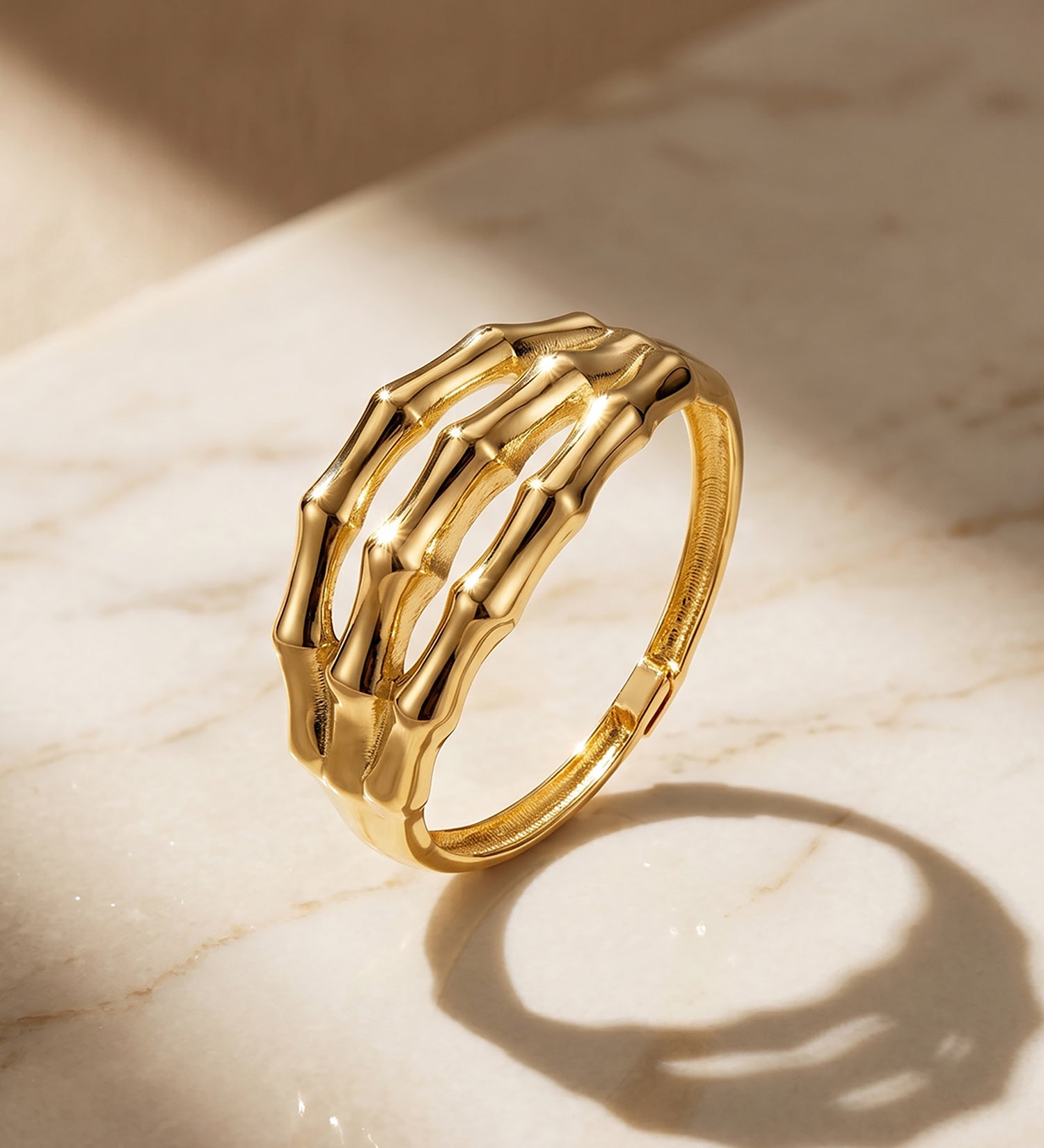 Bague en Or Jaune 18K avec Corps en Bambou Triple Brillant Largeur : 8 mm