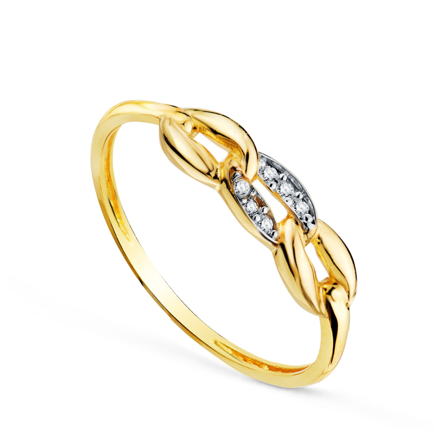 18K Two-tone Gold Ring with Three Smooth Links and Cubic Zirconias Width: 4 mm