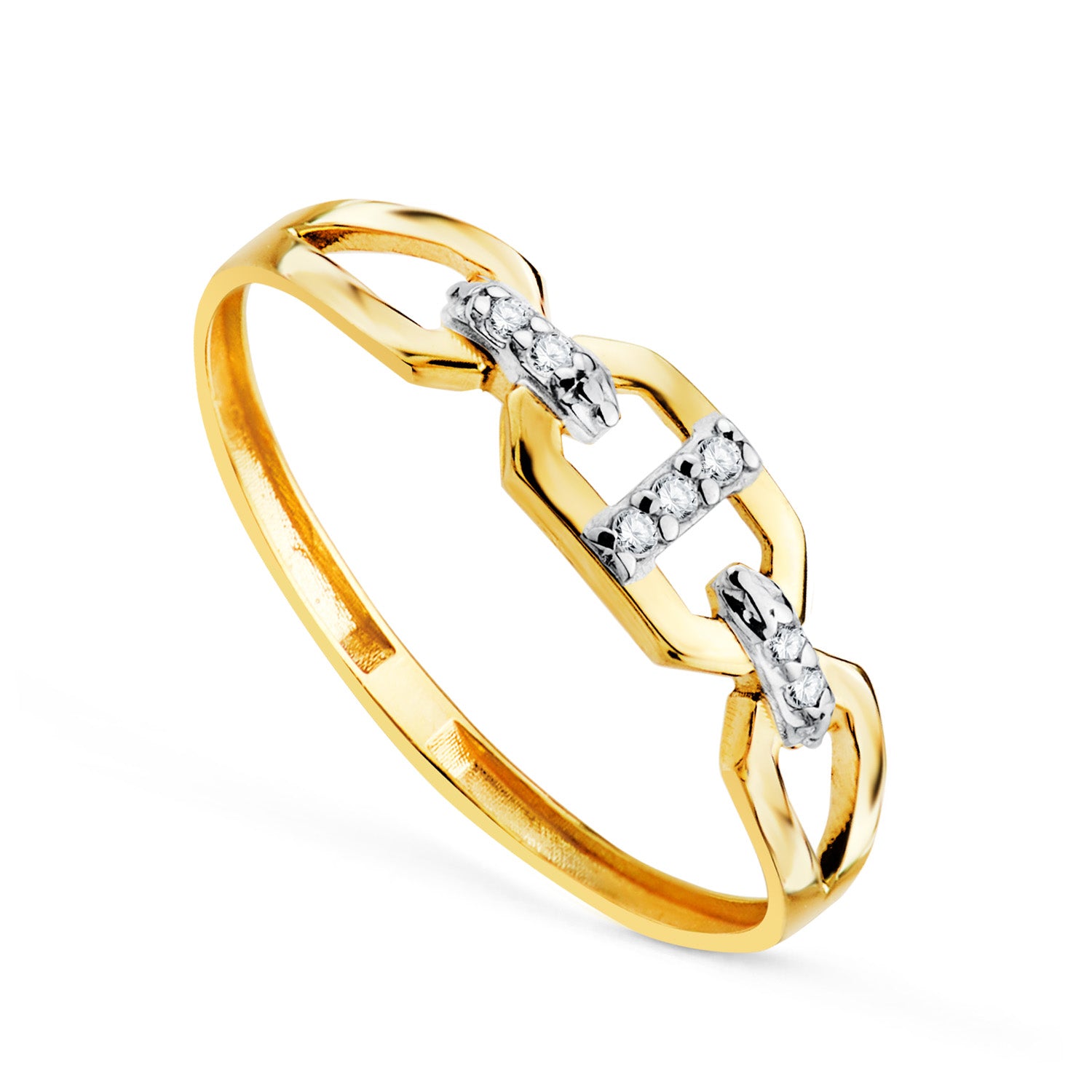 18K Two-tone Gold Ring with Anchor Link and Zirconia, Width 4MM