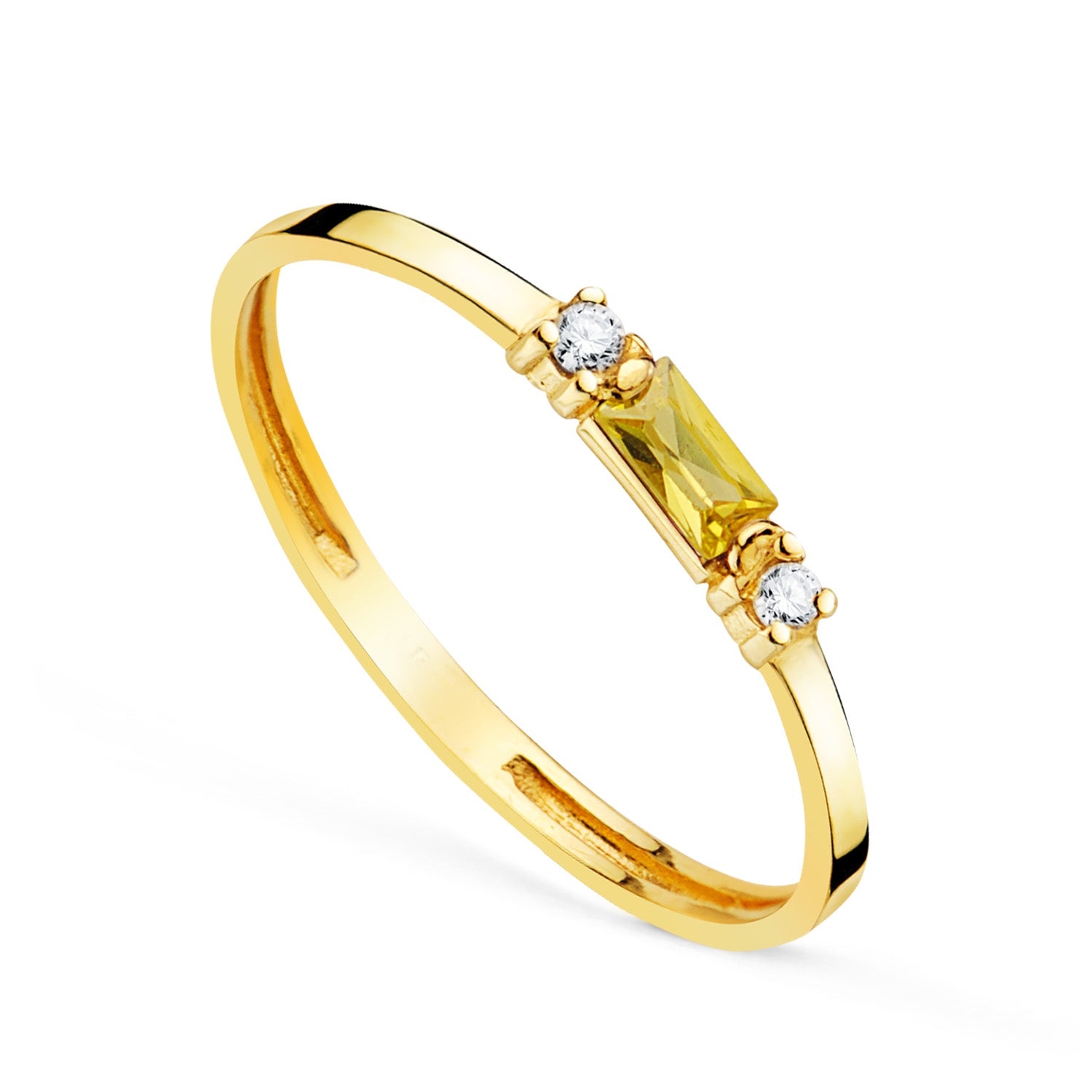 18K geelgouden ring, natuurlijke citrien, 4X2 mm en kubieke zirkoon, breedte: 2 mm