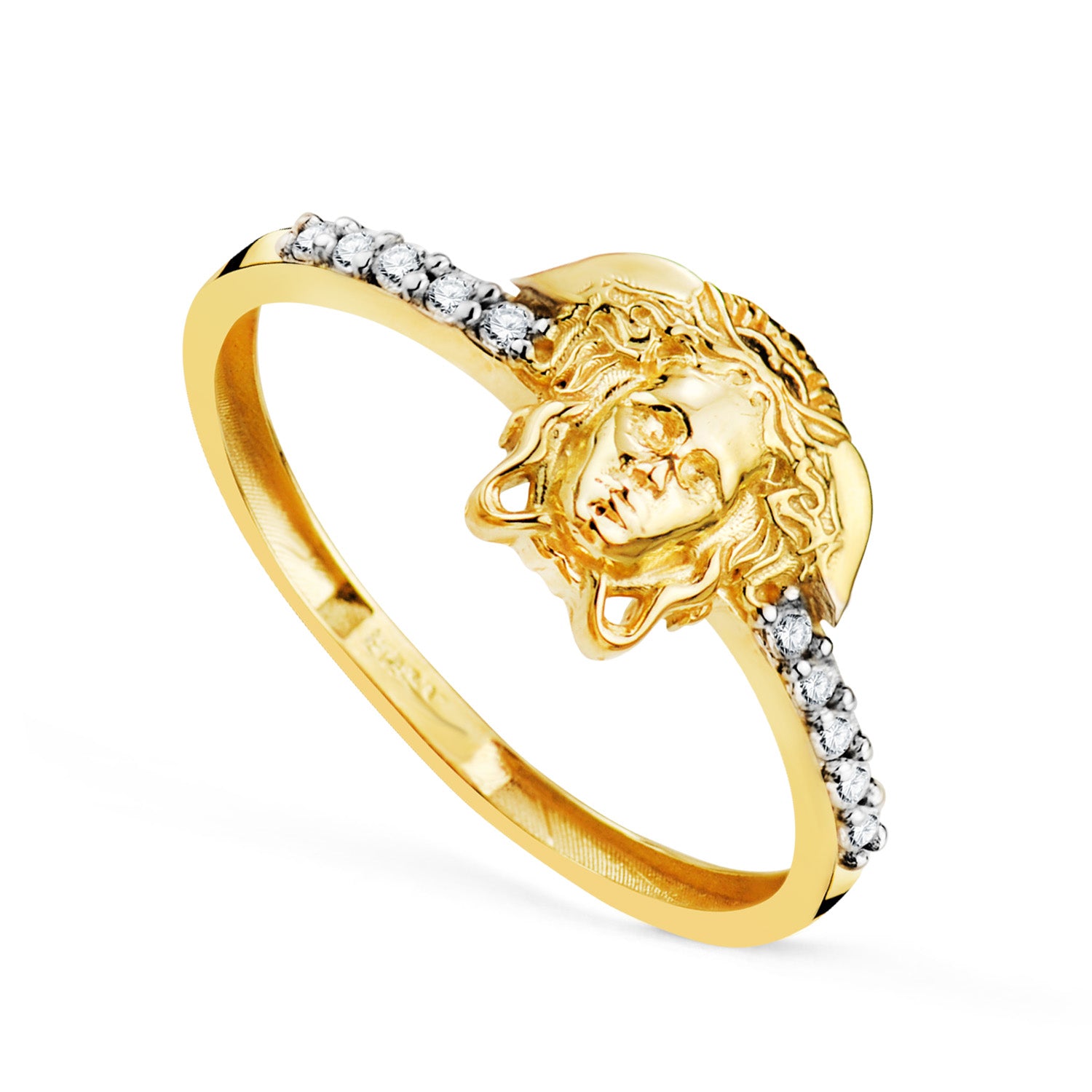 Anel em ouro bicolor 18K com Medusa e zircônia cúbica Medindo: 10 x 8 mm