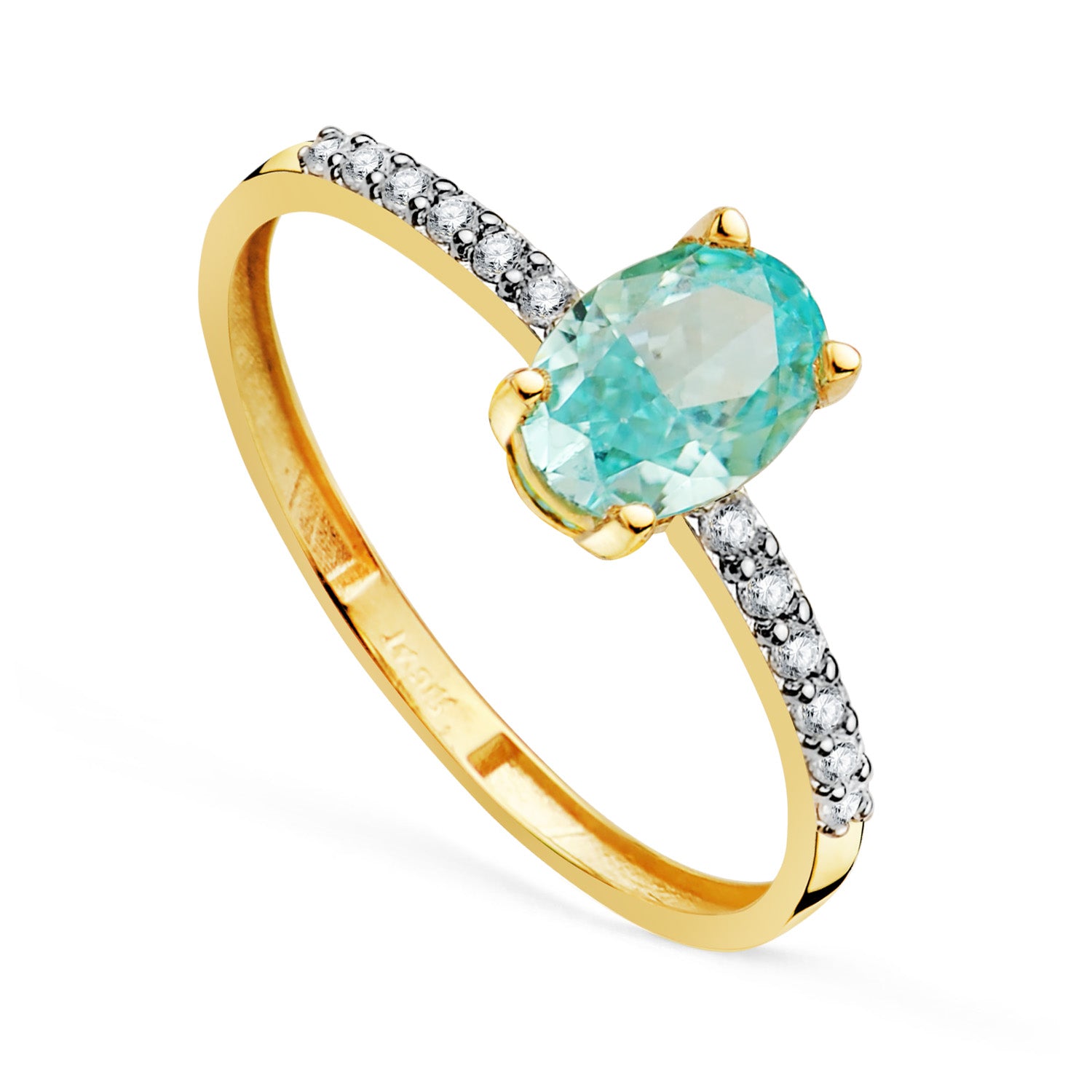18K tofarvet guldring Naturlig Paraiba Oval Topaz 7X5MM 0,93 Ct og Cubic Zirconias