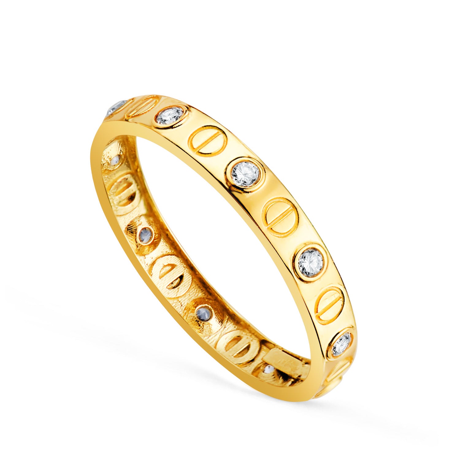 18k Yellow Gold Ring with Circones and Brilliant Screw Pattern. Width: 3mm