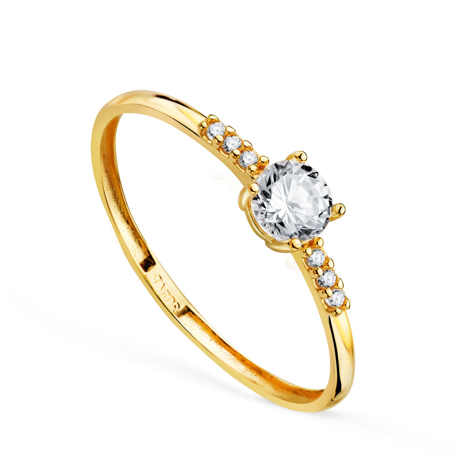 Solitaire en Or Jaune 18 Carats à 4 Griffes avec Une Circonite, Corps Orné de Circonites. Dimension de la Circonite : 4 mm