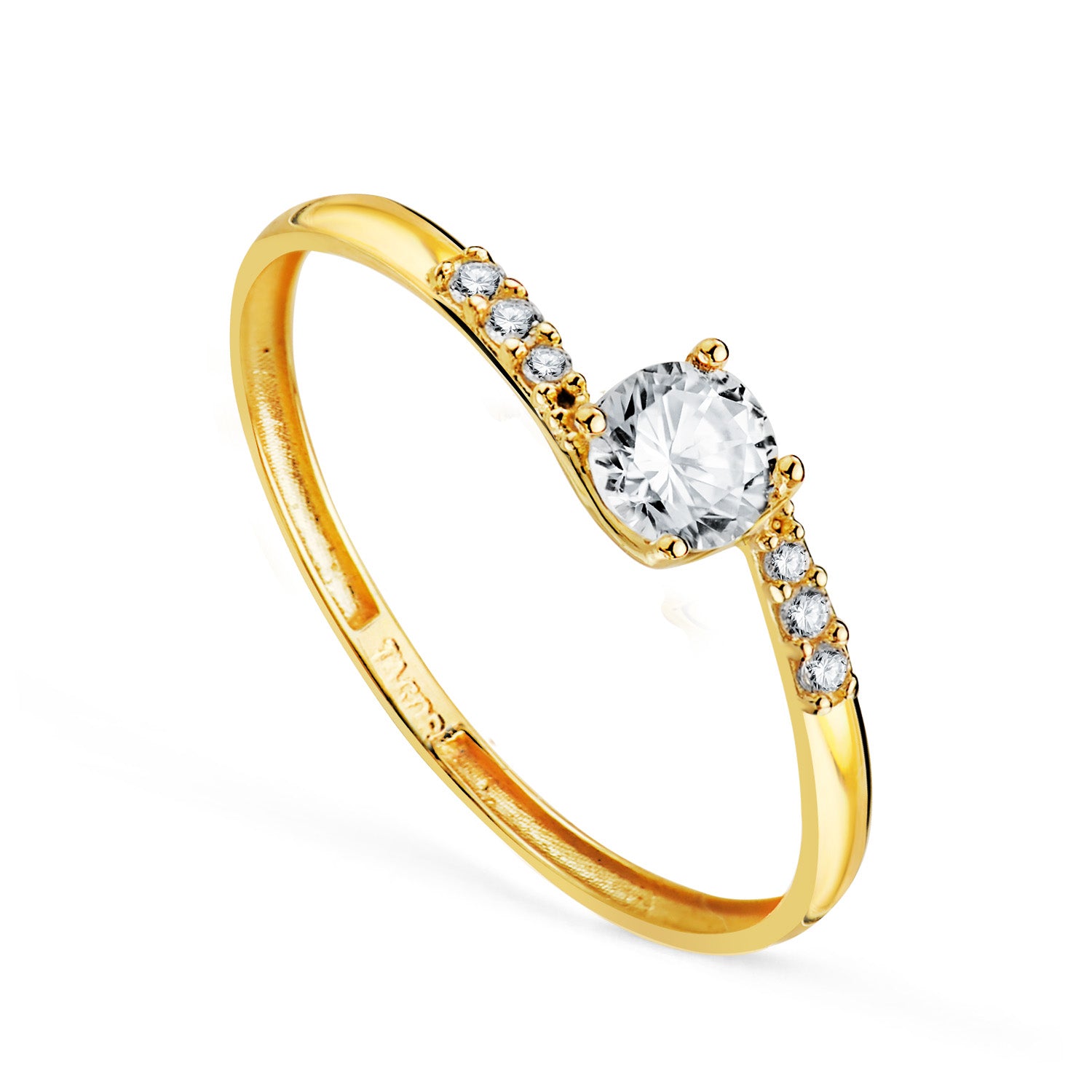 Solitaire en Or Jaune 18 Carats à 4 Griffes avec Circonite, Corps en Forme de Croix Orné de Circonites. Dimension de la Circonite : 4 mm