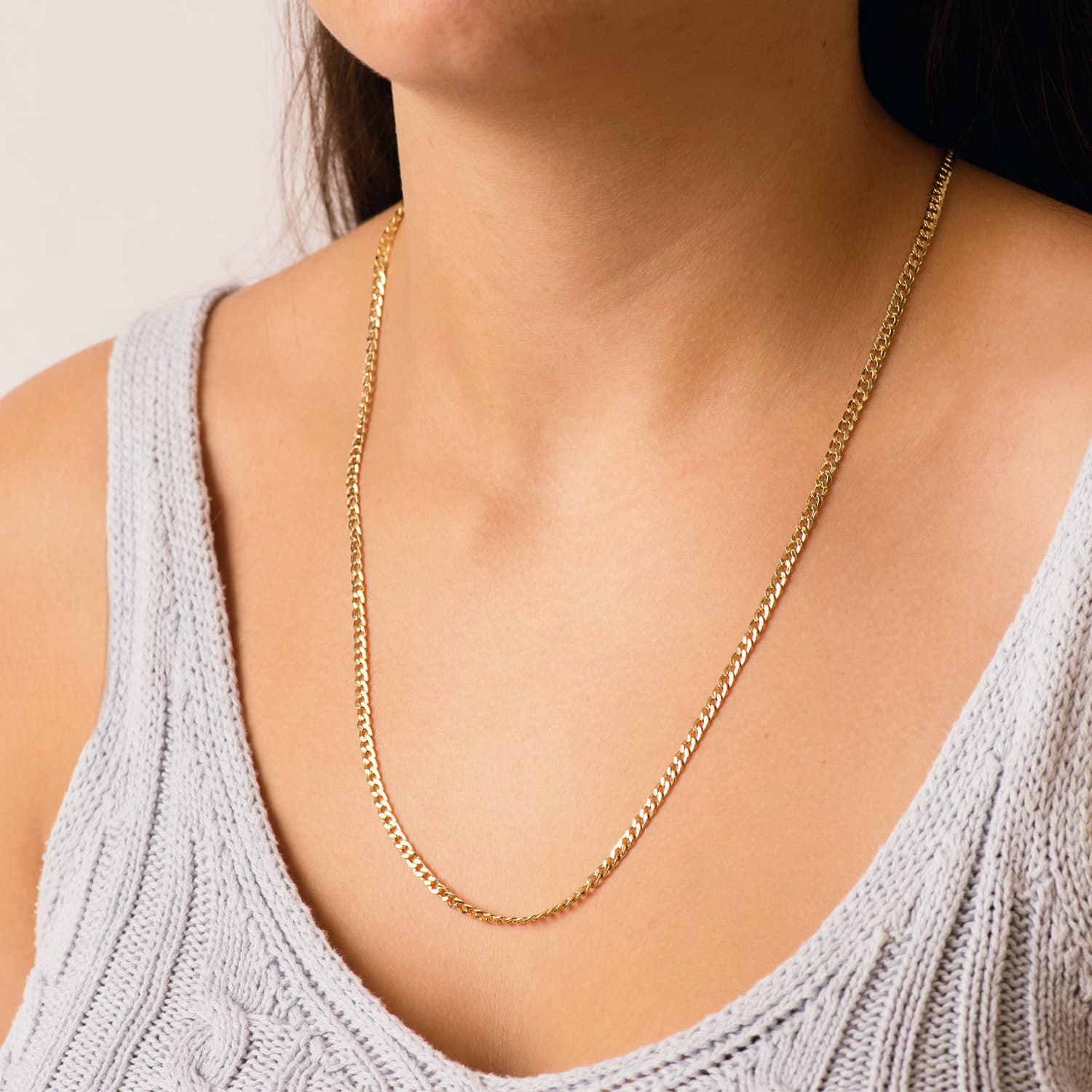 18K Chaîne Or Jaune Gourmette Creuse Largeur: 3,2MM Longueur : 60 Cm
