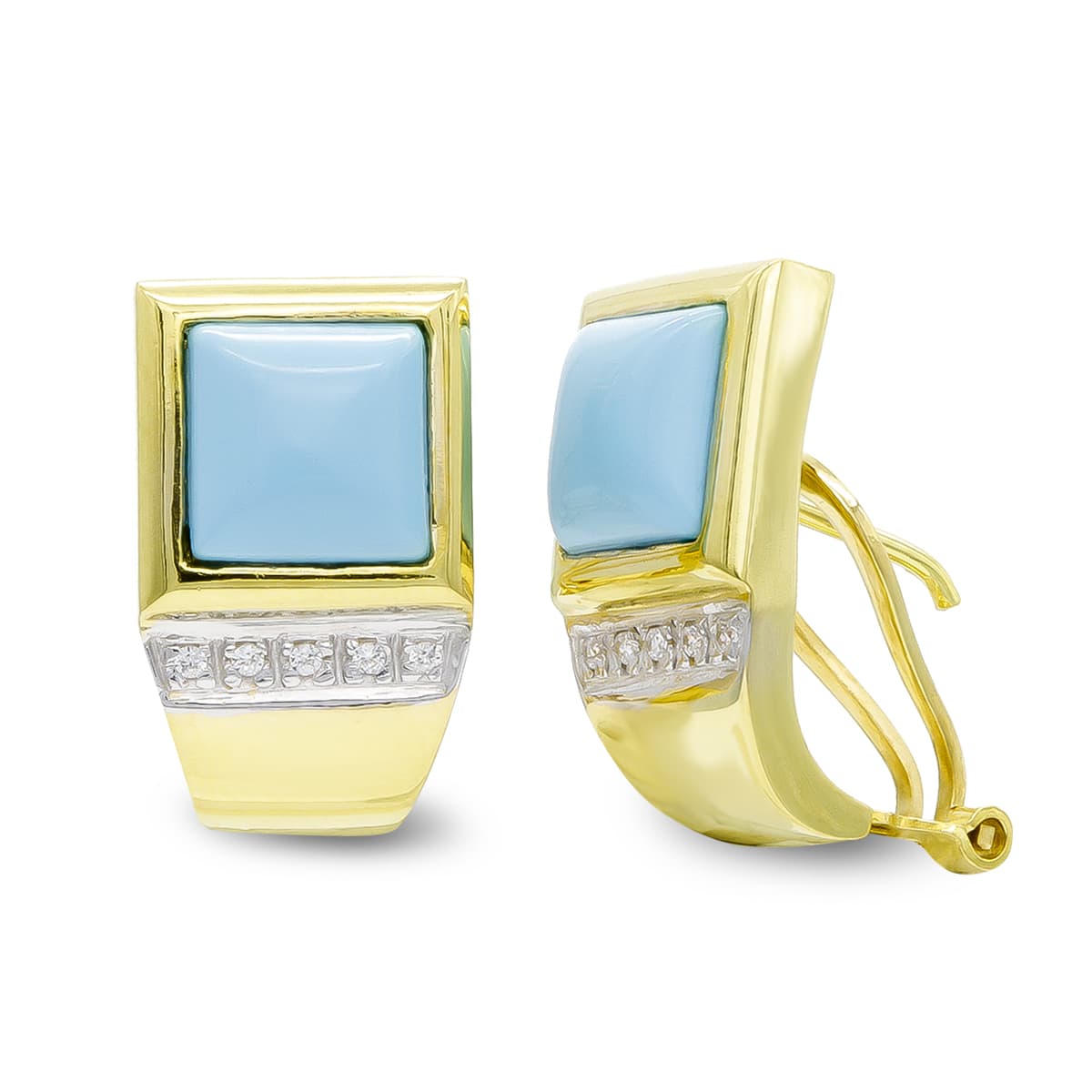 18K Boucles d'oreilles Or Jaune Turquoise et Zircons Fermoir Omega