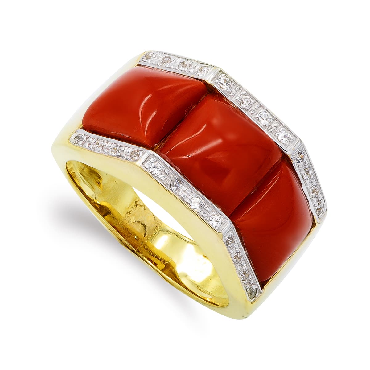 Anello in oro giallo 18 carati con pregiato corallo sardo e zirconi