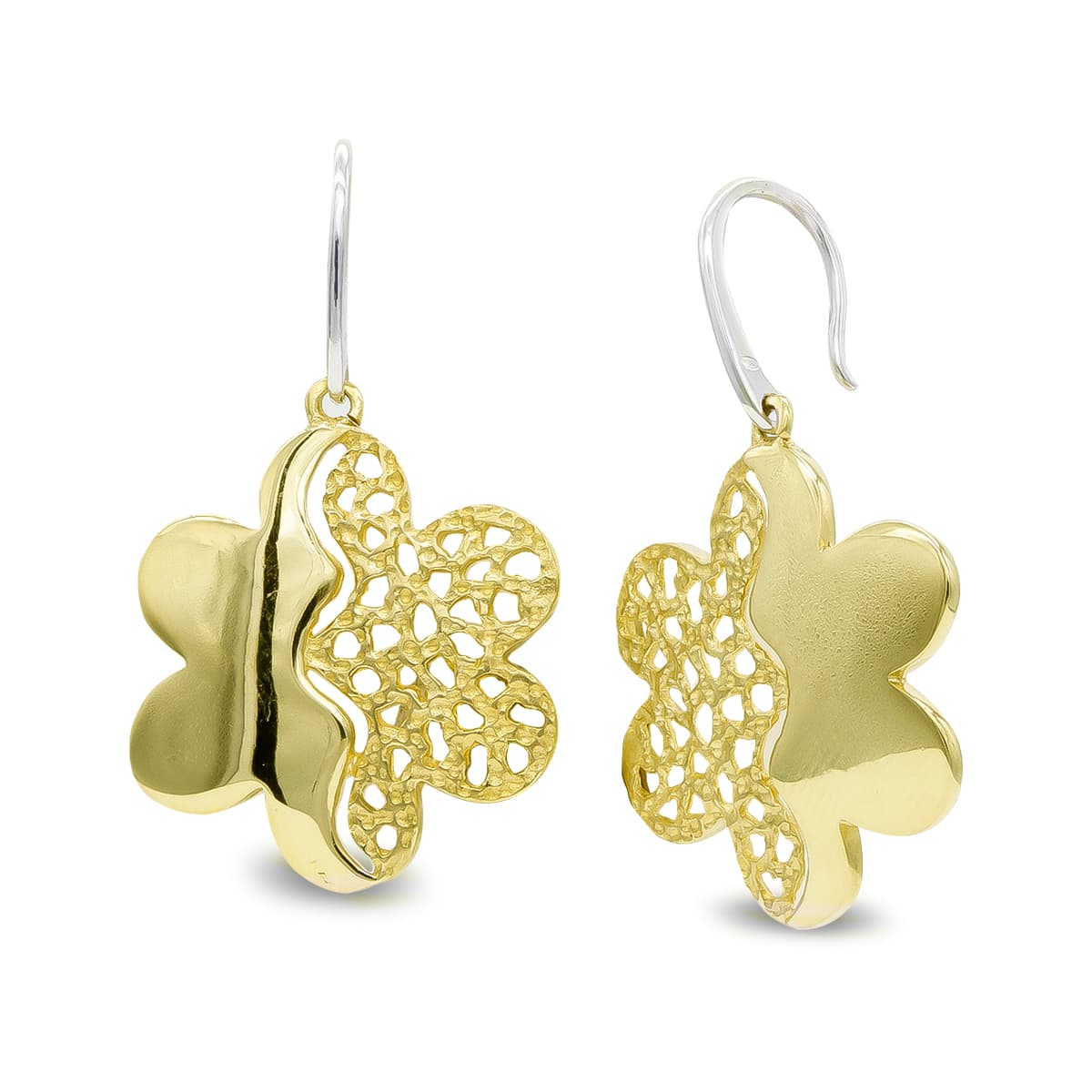 18K Two-Tone Gold Dangling Flower Earrings