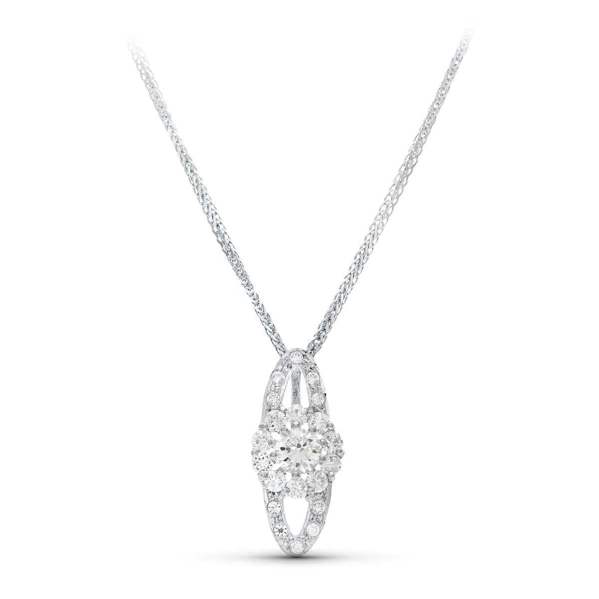 18K Collier en Or Blanc 45 Cm. Pendentif 20X9 mm Fermoir Mousqueton
