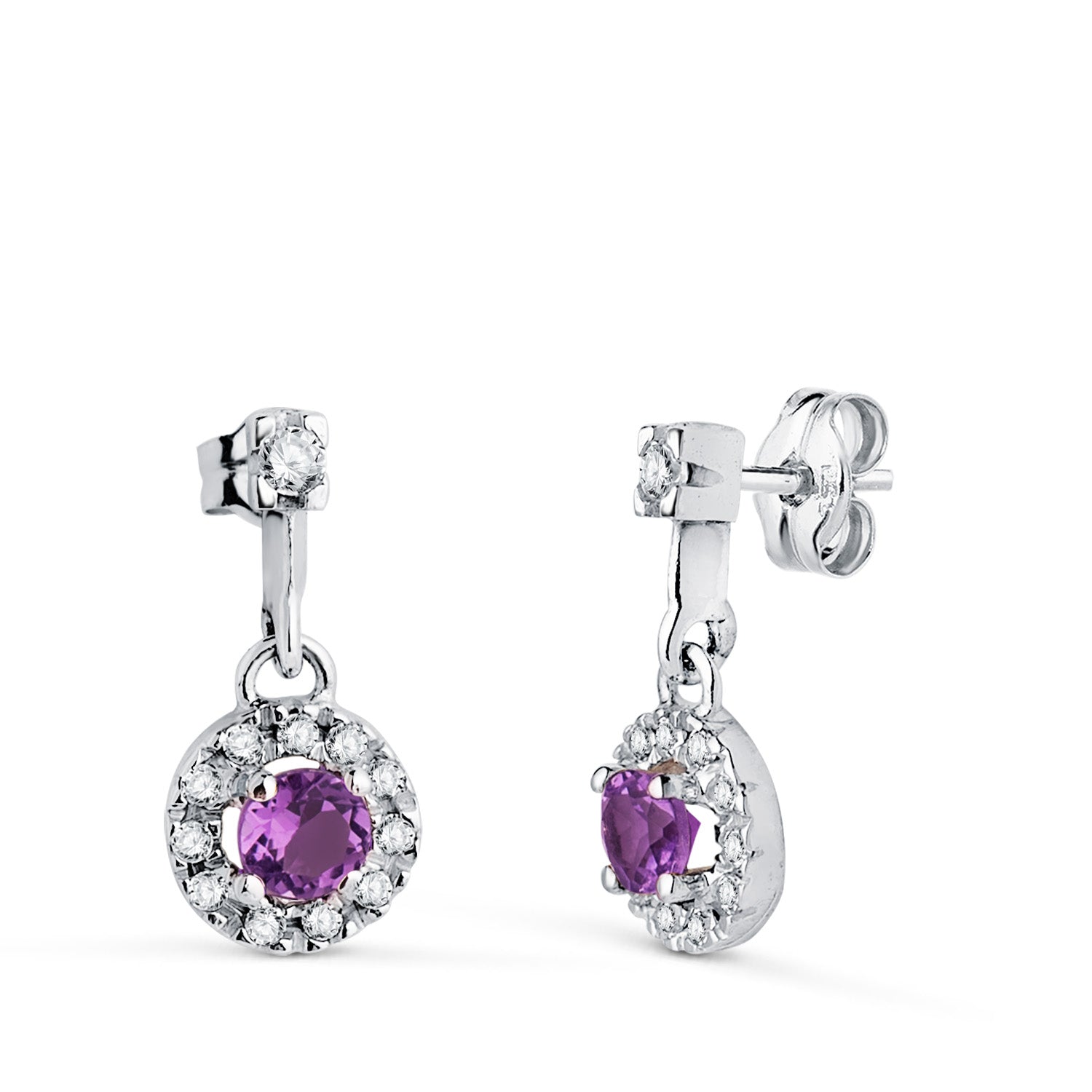 18K White Gold Two-Part Earrings with Zircon and Amethyst 14.5 x 7 mm Push Back Clasp