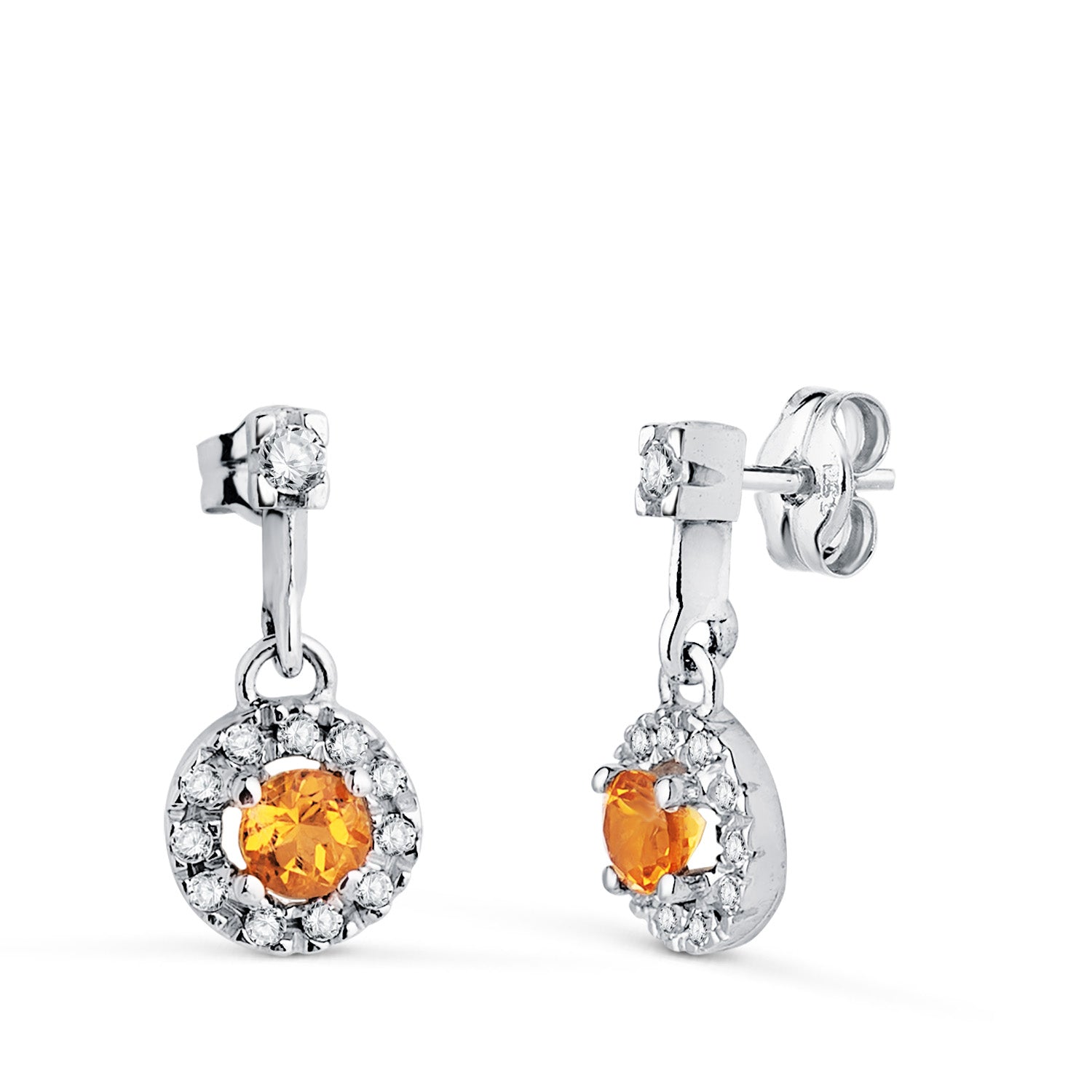 Boucles d'oreilles en Or Blanc 18K en Deux Parties avec Zircon et Citrine 14,5 X 7 mm Fermoir Push Back