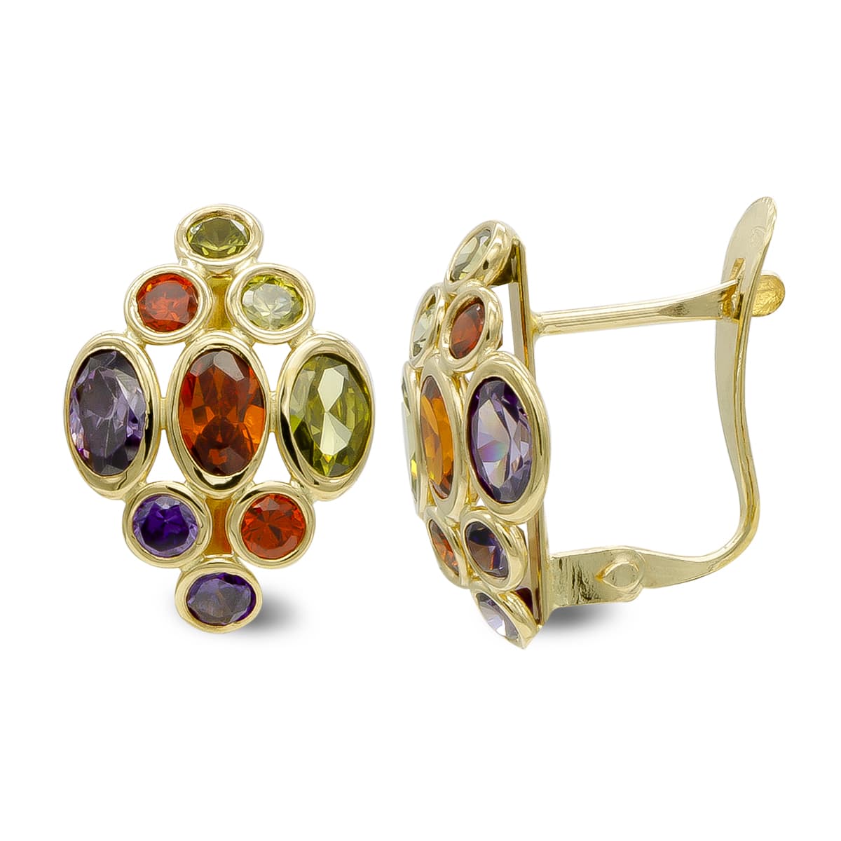 18K Yellow Gold Colored Stone Earrings Hinged Clasp