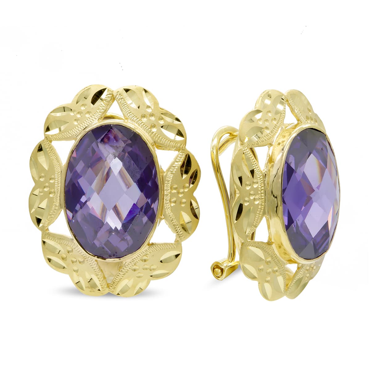 Boucles d'oreilles Or Jaune 18K Amethyste Pierre Ovale 14X10 mm Fermoir Omega