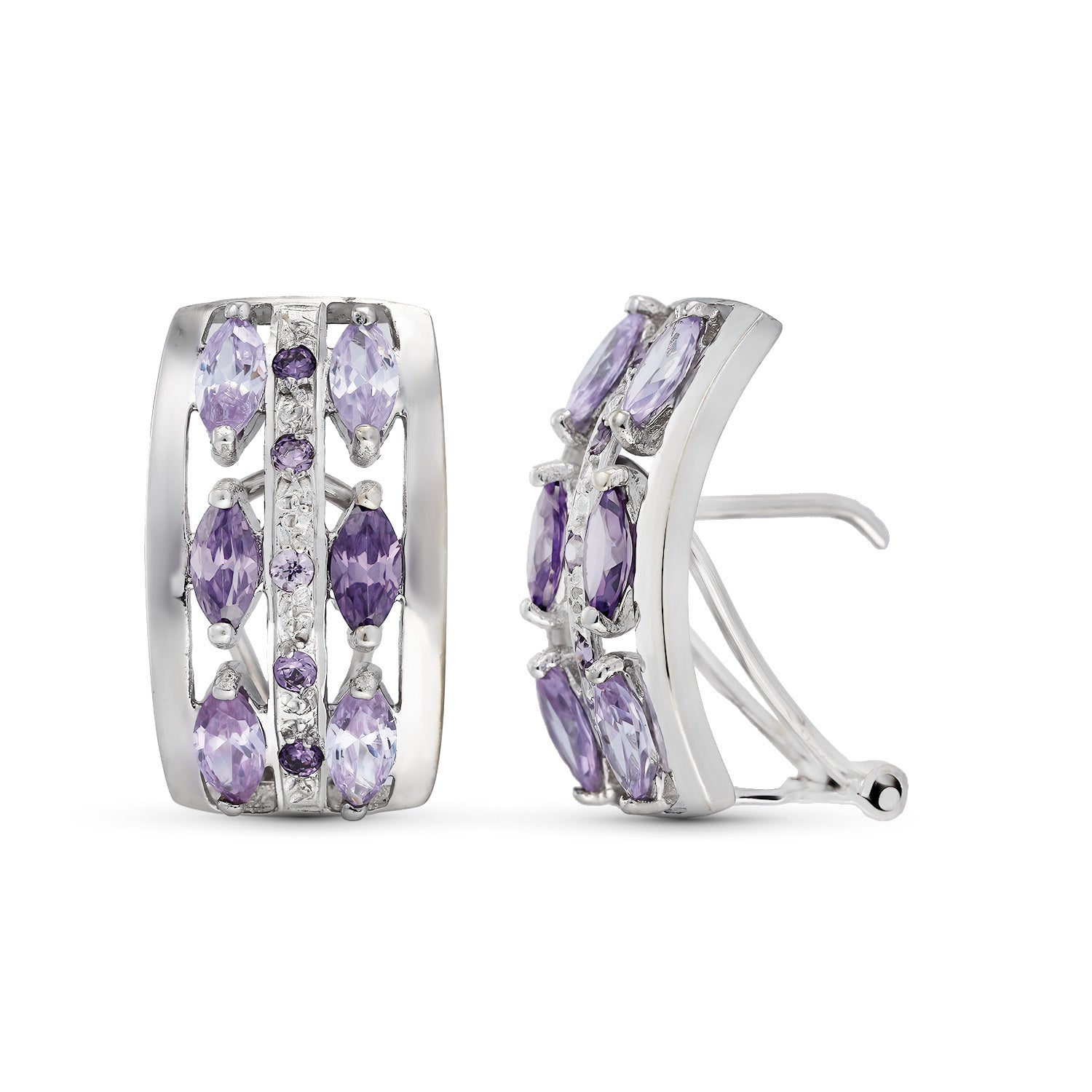 Boucles d'oreilles Or Blanc 18K avec Pierres Violes et Mauve 18 X 11 mm Fermoir Omega