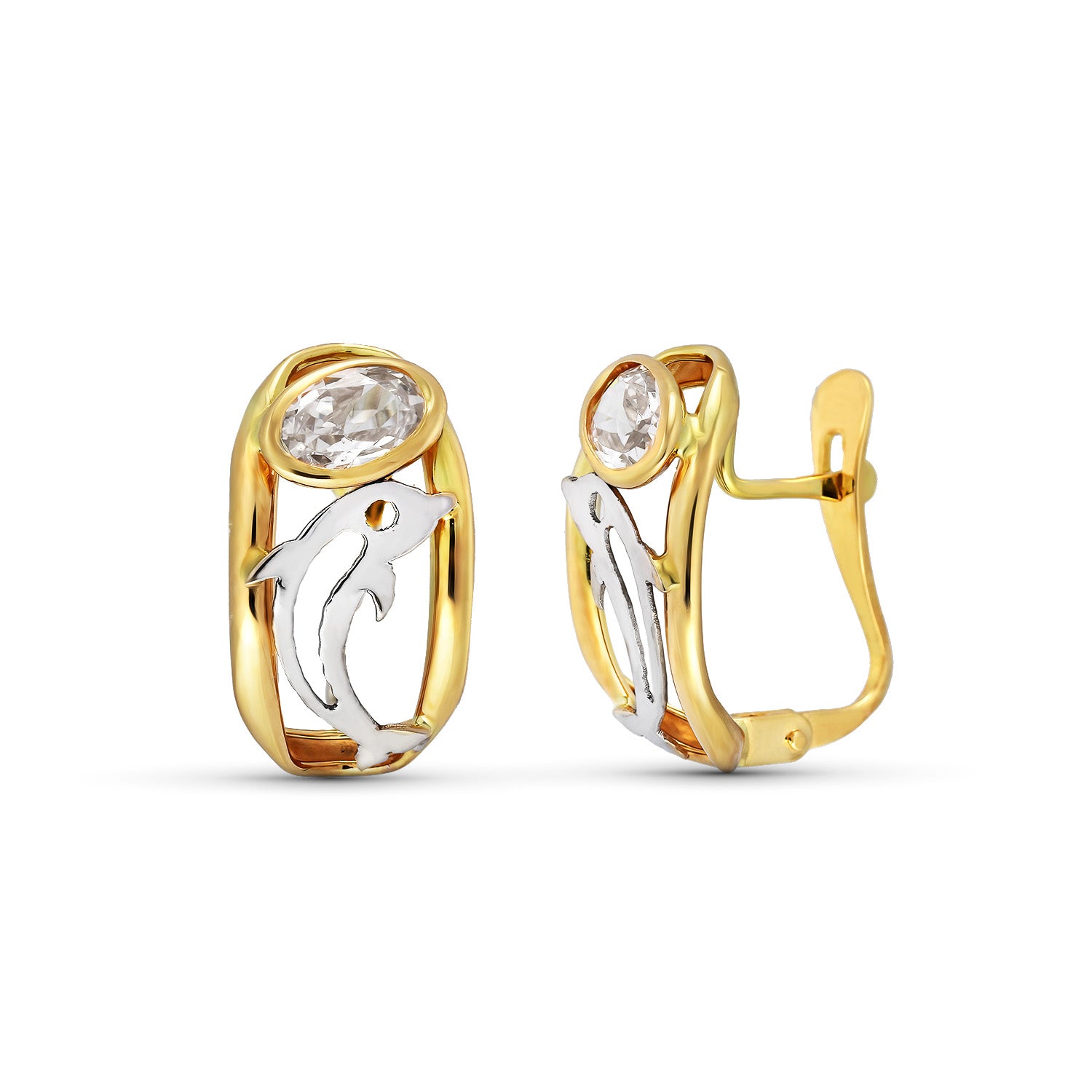 Pendientes Circonitas y Delfines Oro Amarillo 18K 15X8 mm Cierre Catalán