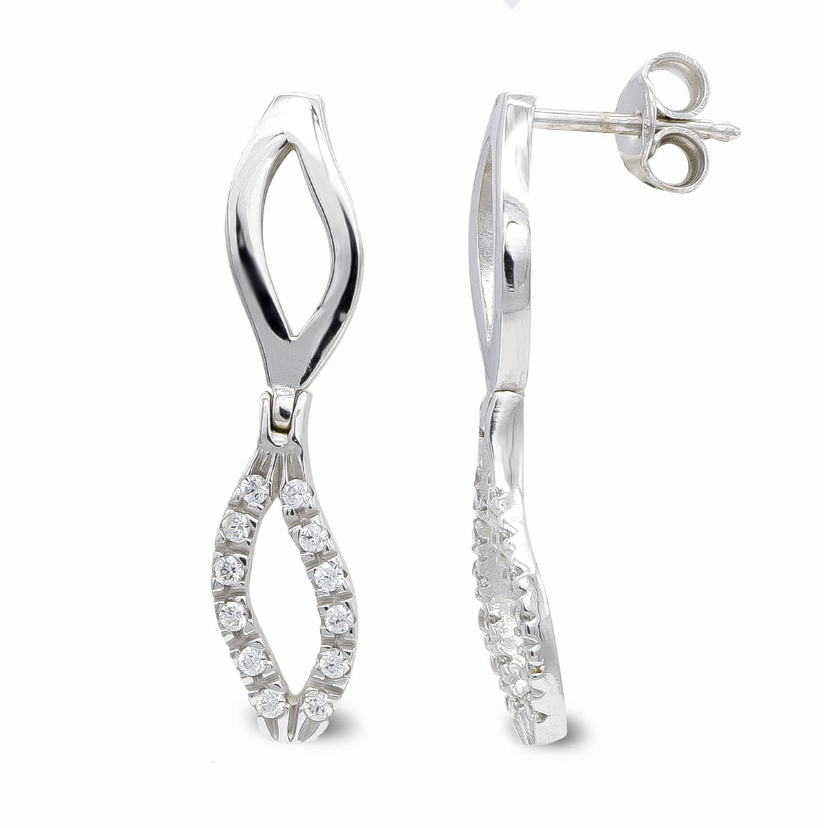 18K Boucles d'oreilles Or Blanc Pendantes et Zircons Fermoir Poussettes Papillon
