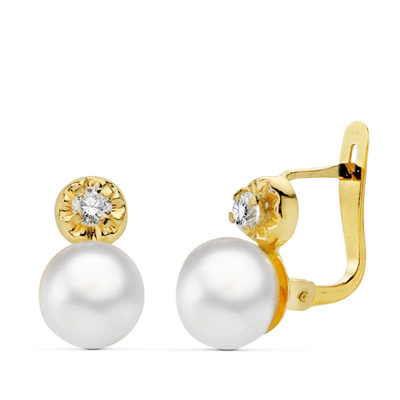 Orecchini Perle e Zirconi Oro Giallo 18K 11X7 mm Chiusura Catalana