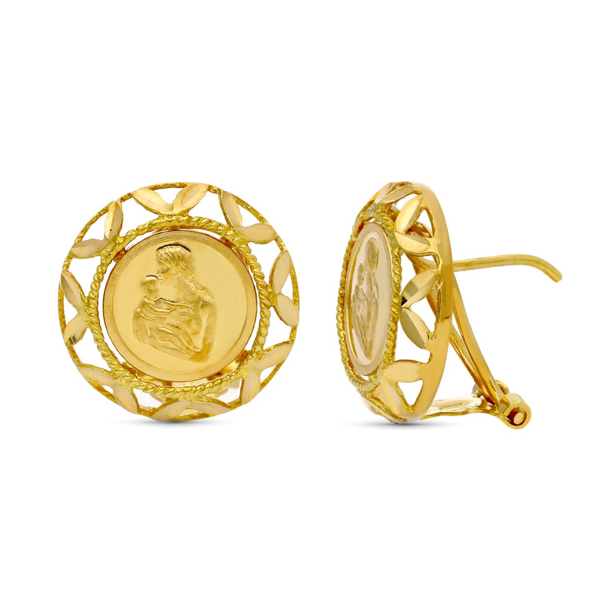 Boucles d'oreilles Rondes Mère Or Jaune 18K 16X16 mm Fermoir Omega
