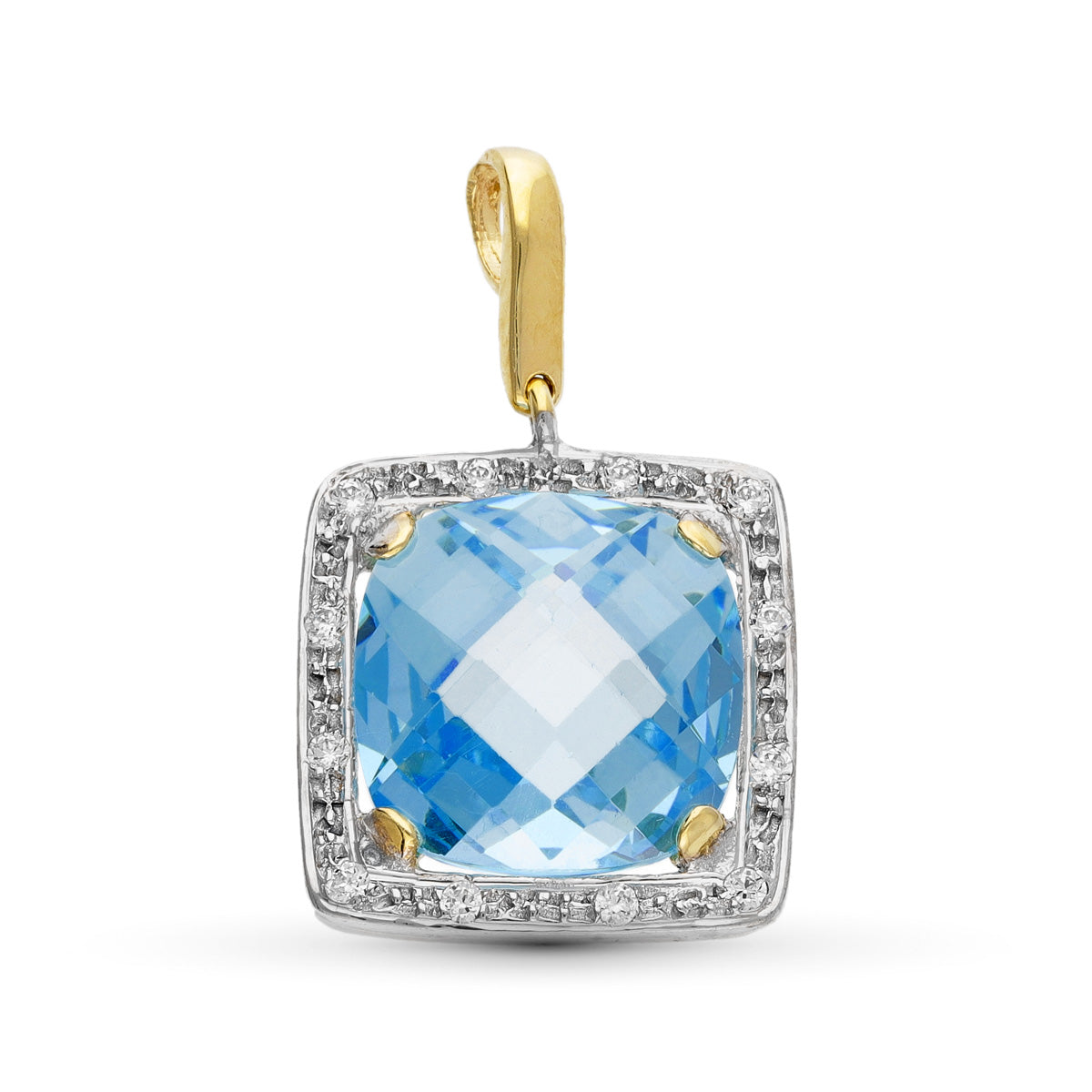 18K Pendentif Or Bicolore Pierre Couleur Bleue 12 mm et Zircons