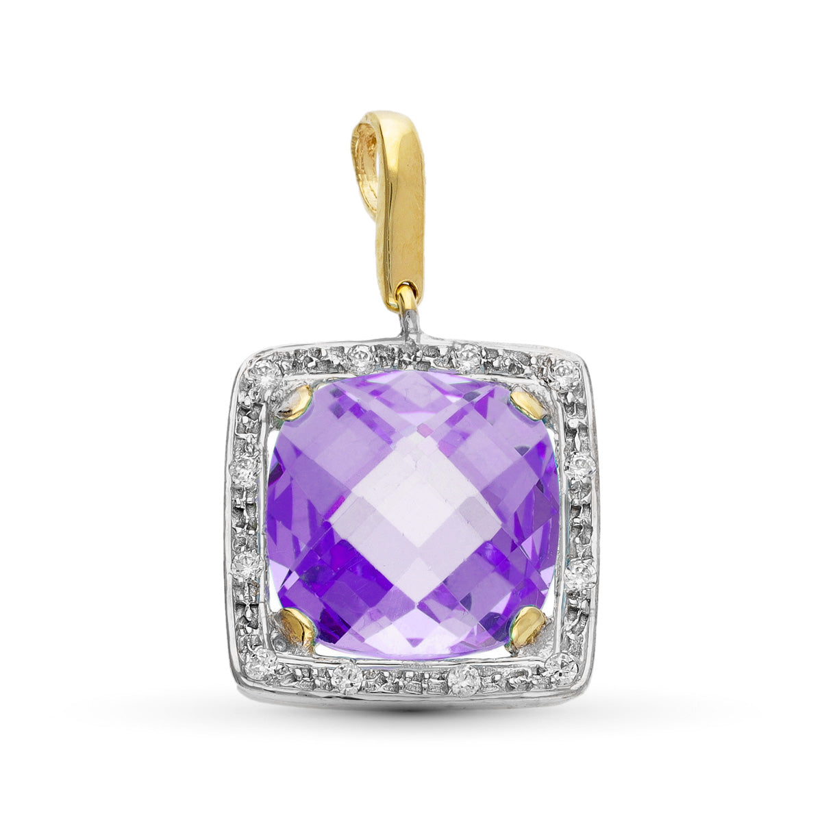 18K Pendentif Or Bicolore Pierre Amethyste 12 mm et Zircons