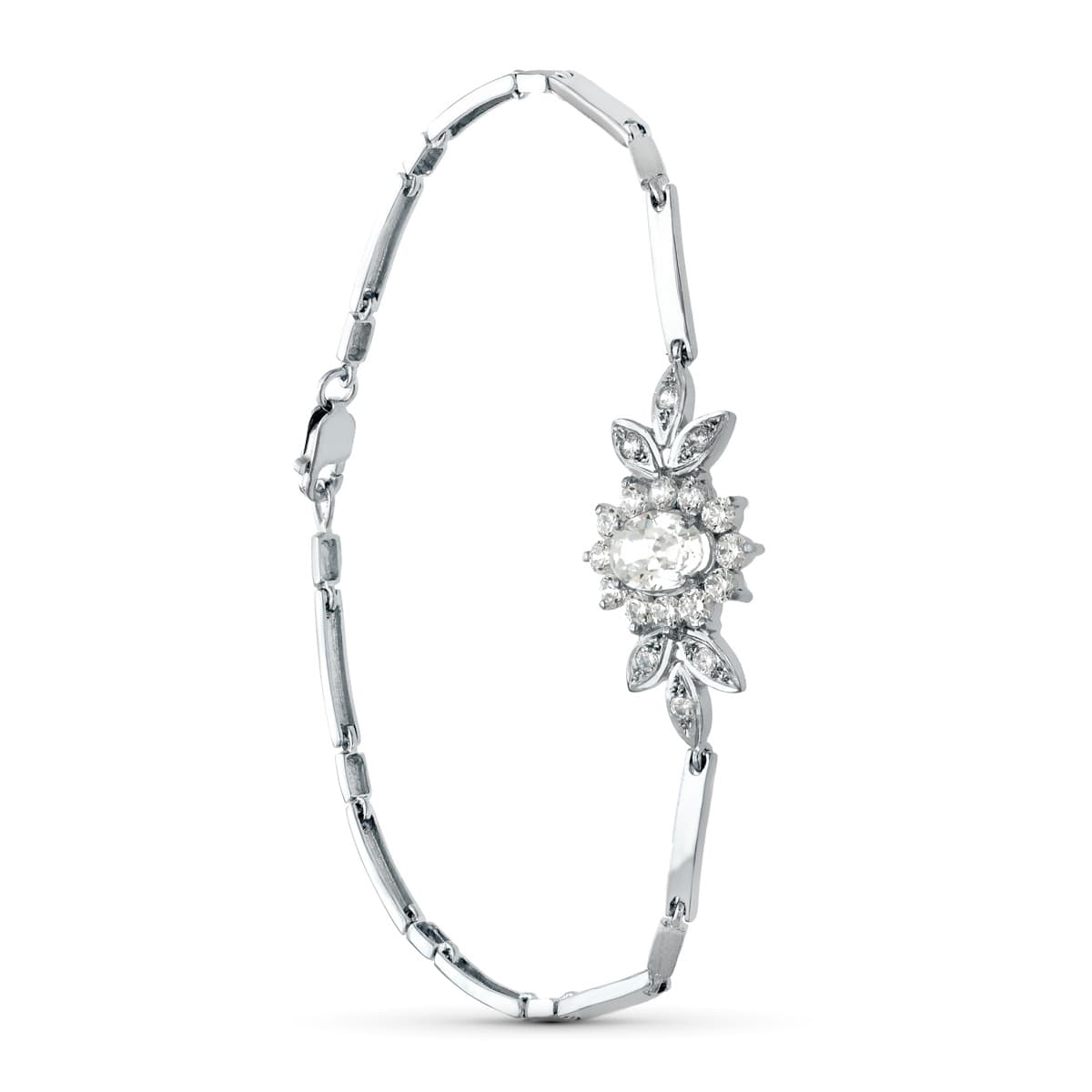 18K Bracelet en Or Blanc Milieu 8X6 mm Zircon. 19 Cm. Fermoir Mousqueton
