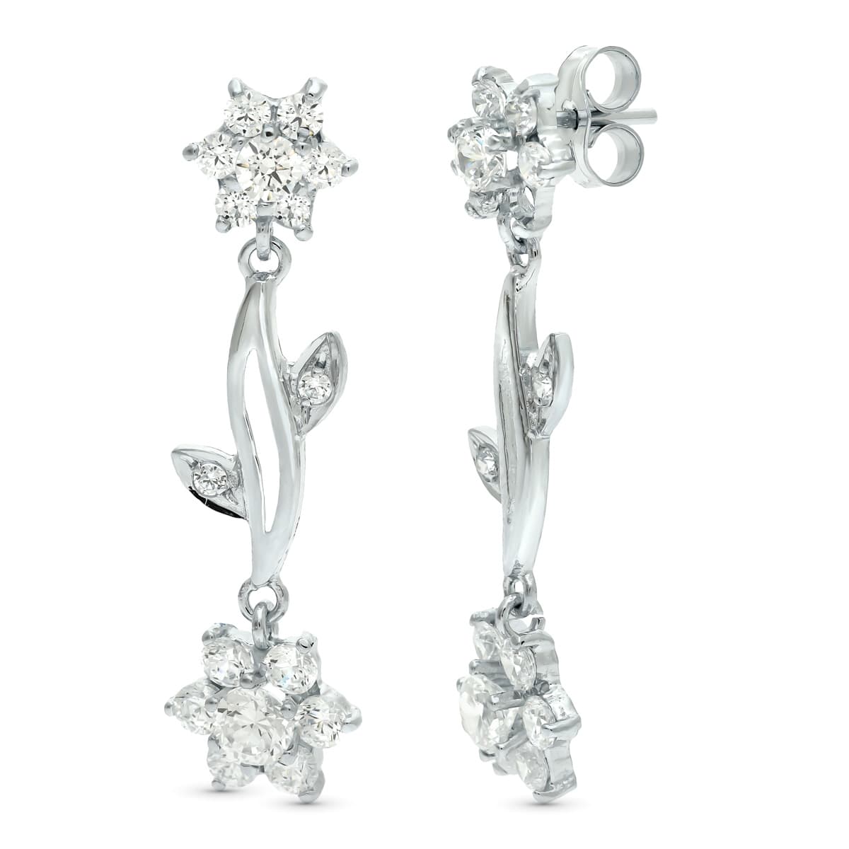 18K Boucles d'oreilles Pendantes en Or Blanc et Zircon 30X9 mm Poussettes