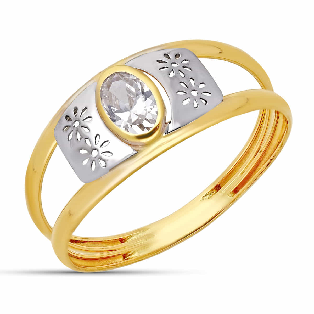 18K Tofarget Gullring Oval Zirkon 5X3 mm Total Bredde 8 mm