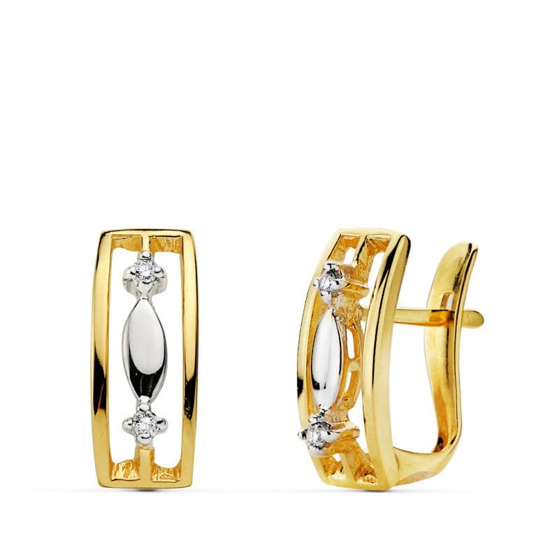 Pendientes Circonitas Bicolor 18K 13X5 mm Cierre Catalán