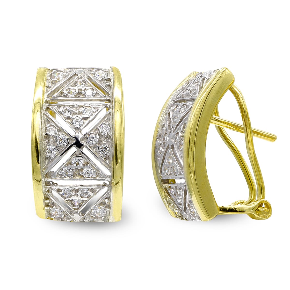 Brincos em ouro bicolor 18K e zircônia com fecho Omega