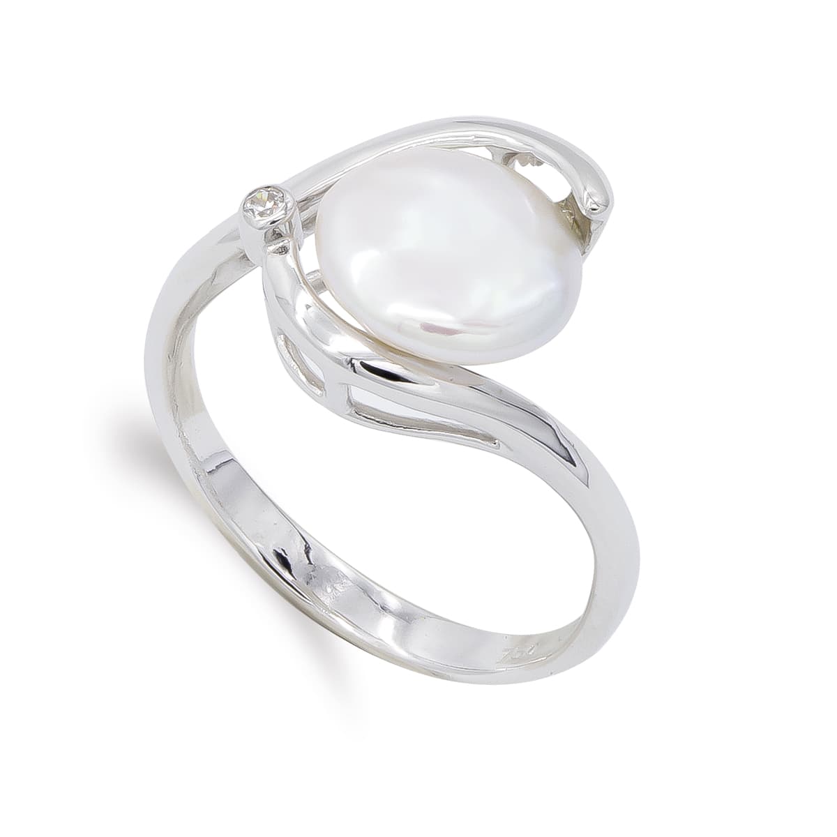 18K Bague Or Blanc et Perle 9 mm