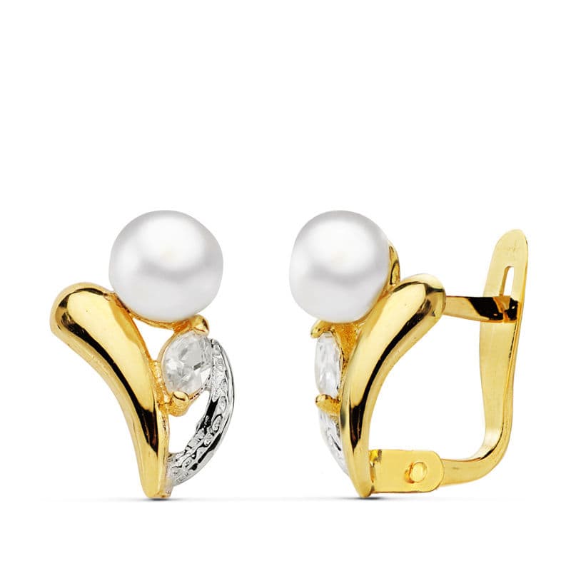 Pendientes Perlas y Piedras Oro Bicolor 18K 11X8 mm Cierre Catalán