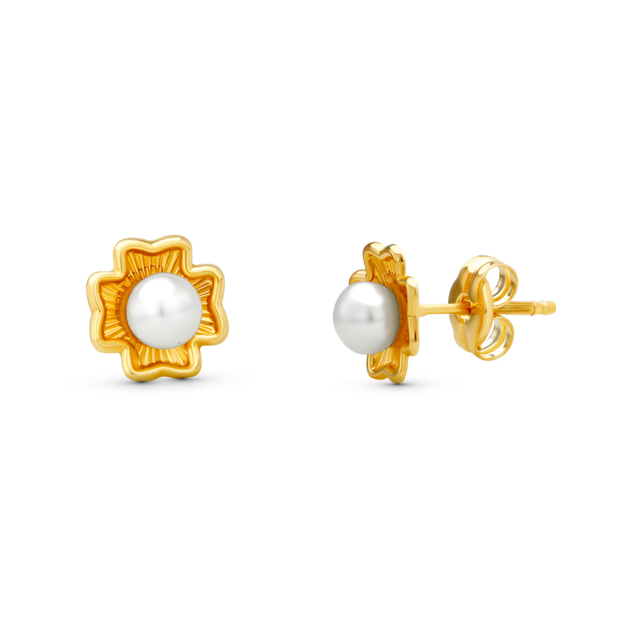 18K Yellow Gold Clover Pearl Earrings 7X7 mm Butterfly Stroller Clasp