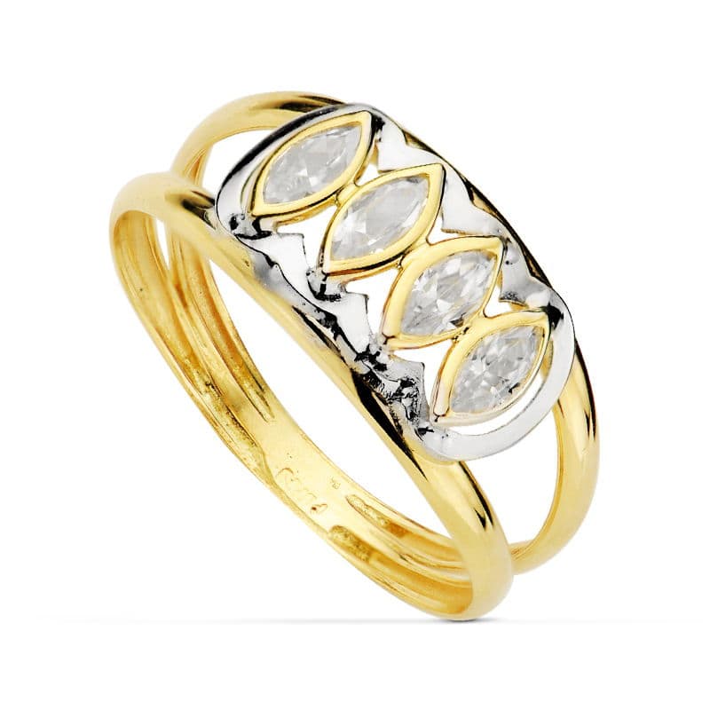 Dobbel kroppsring i 18K tofarget gull med hvit zirkon Marquise Bredde: 8,5 mm