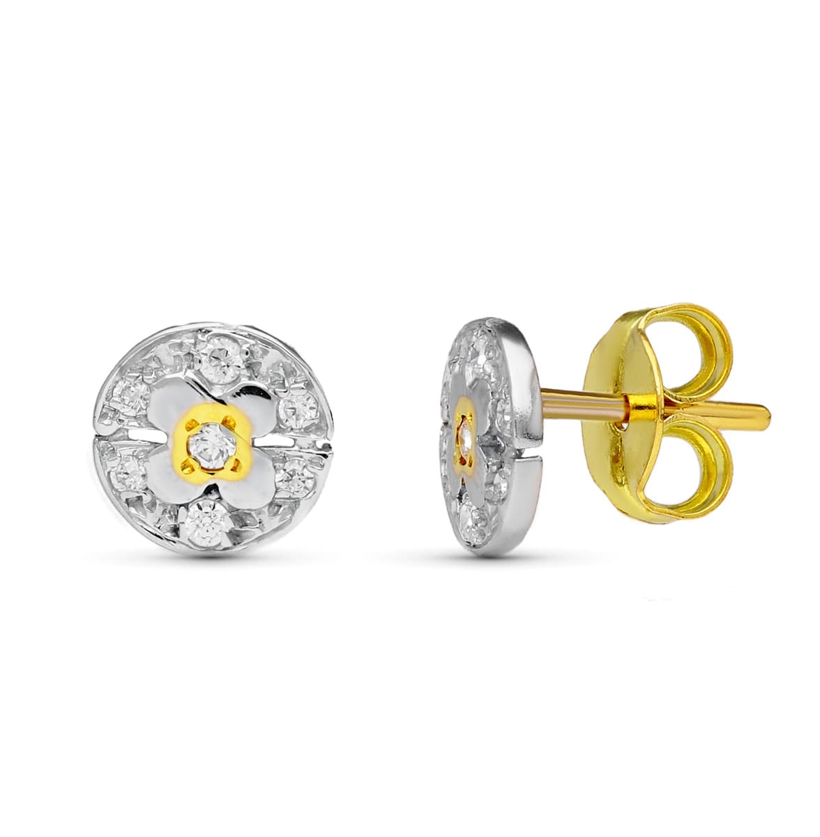 Pendientes de Oro Bicolor de 18K con Cierre Mariposa de Circonitas de 8mm