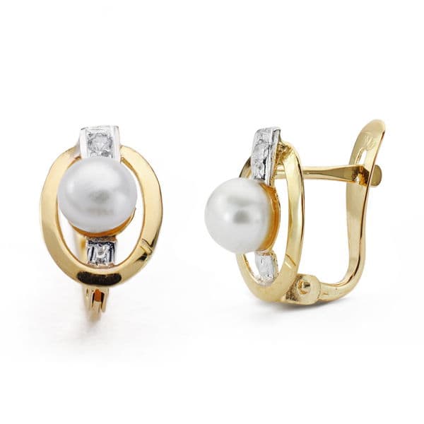 18K Two-tone Gold Communion Bead Earrings Zirconia 10X7 mm Catalan Clasp