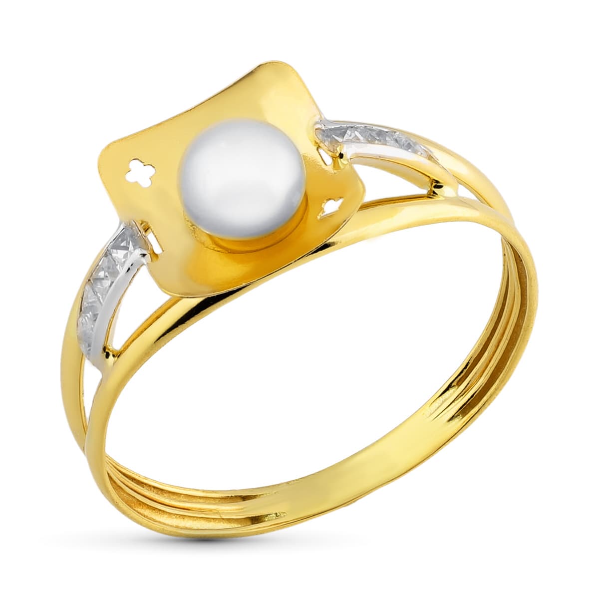 18K tweekleurige gouden ring met vierkant patroon met 4,5 mm parel en zirkoonrail Breedte: 8 mm